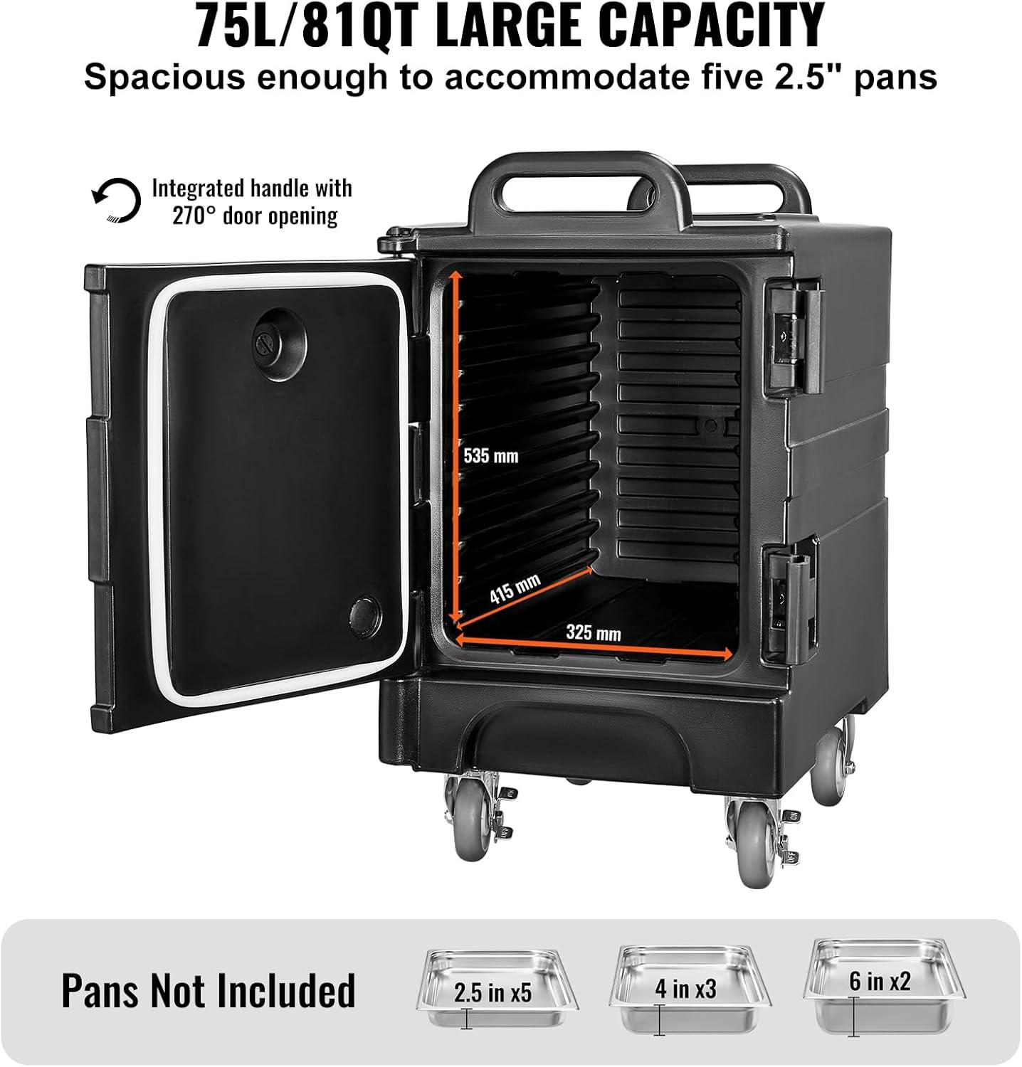 image:imageVEVOR Insulated Food Pan Carrier 81 Qt Hot Box for Catering Food Box Carrier with Double Buckles Front Loading Food Warmer with Handles Stackable End Loader for Restaurant Canteen81 Qt Wheels