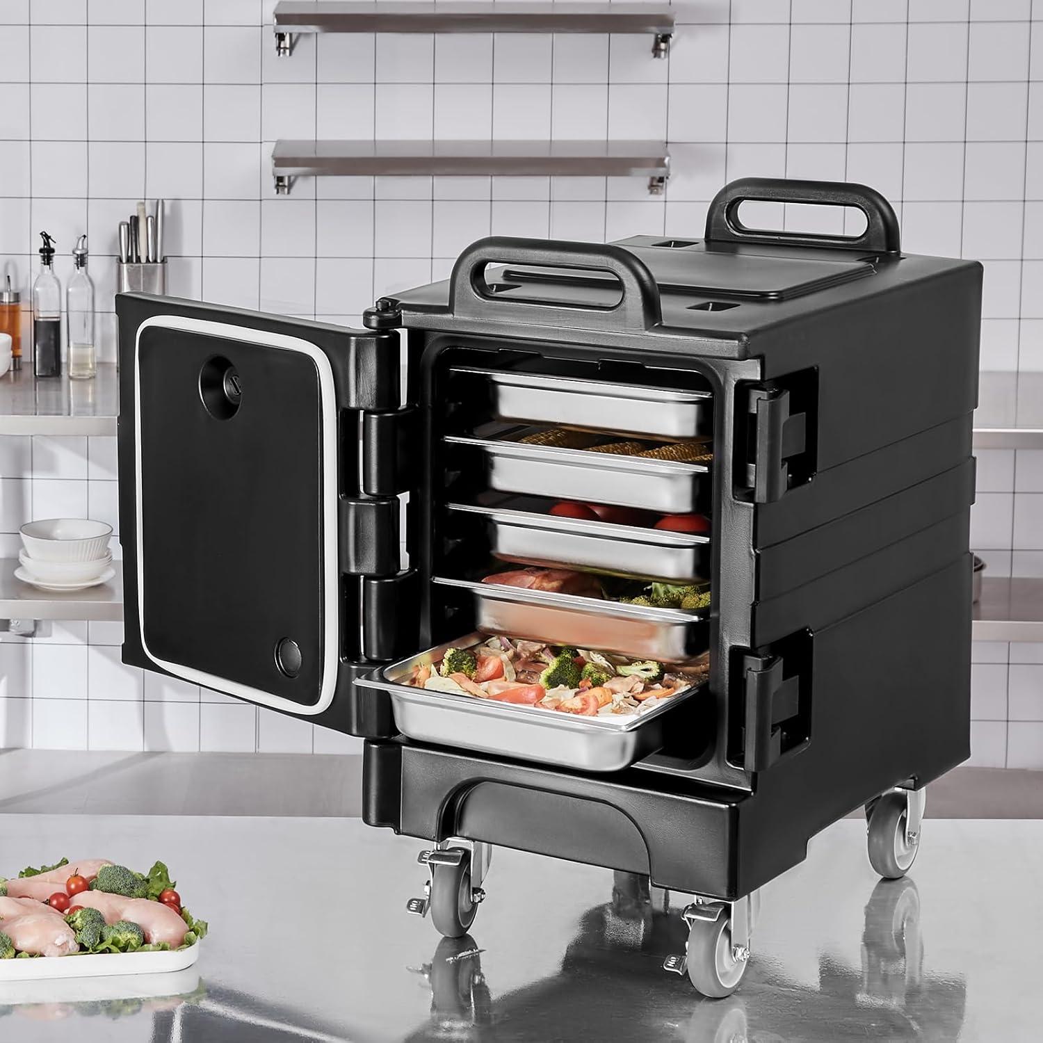 image:imageVEVOR Insulated Food Pan Carrier 81 Qt Hot Box for Catering Food Box Carrier with Double Buckles Front Loading Food Warmer with Handles Stackable End Loader for Restaurant Canteen81 Qt Wheels