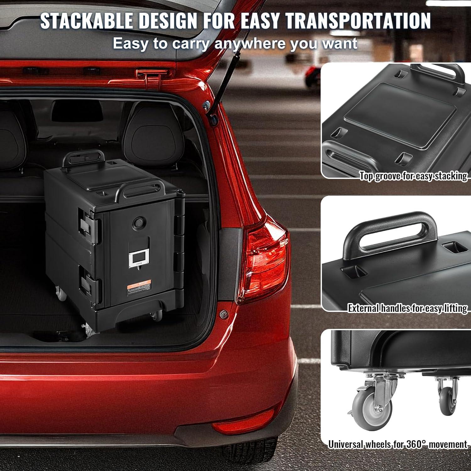 image:imageVEVOR Insulated Food Pan Carrier 81 Qt Hot Box for Catering Food Box Carrier with Double Buckles Front Loading Food Warmer with Handles Stackable End Loader for Restaurant Canteen81 Qt Wheels