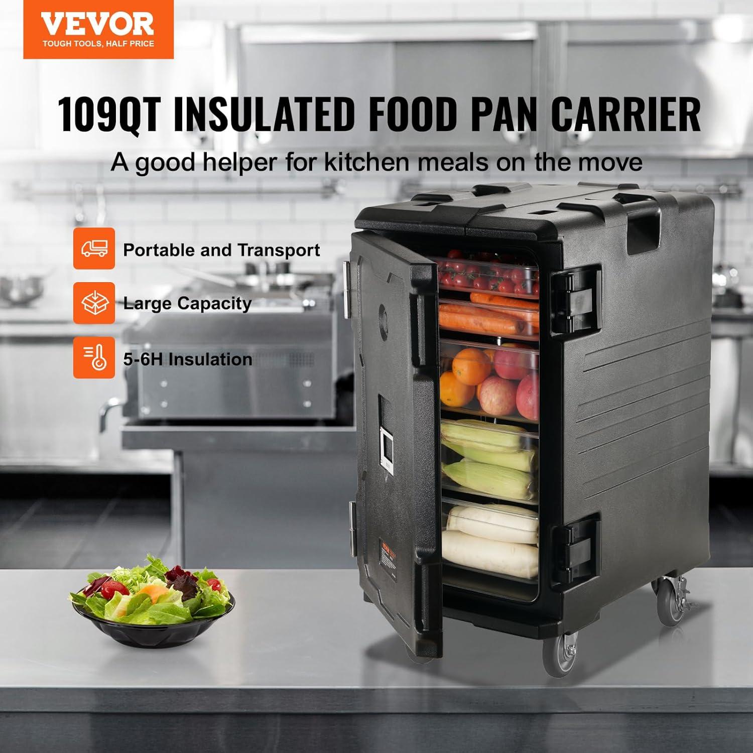 image:imageVEVOR Insulated Food Pan Carrier 95 Qt Hot Box for Catering LLDPE Food Box Carrier wDouble Buckles Front Loading Food Warmer wHandles Stackable End Loader for Restaurant Canteen etc BlackBlack