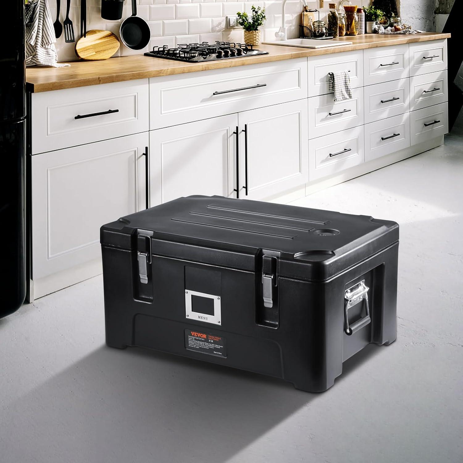 image:imageVEVOR Insulated Food Pan Carrier 95 Qt Hot Box for Catering LLDPE Food Box Carrier wDouble Buckles Front Loading Food Warmer wHandles Stackable End Loader for Restaurant Canteen etc BlackBlack