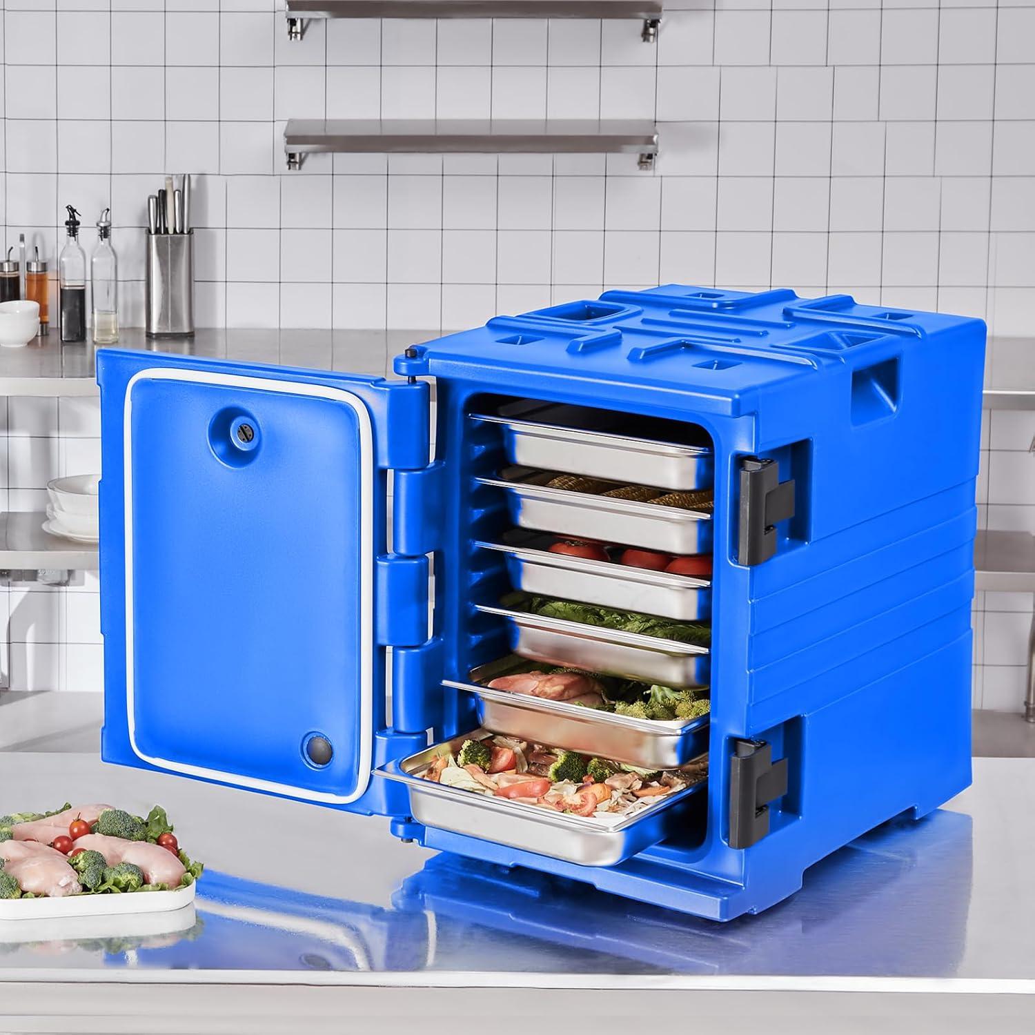 image:imageVEVOR Insulated Food Pan Carrier 95 Qt Hot Box for Catering LLDPE Food Box Carrier wDouble Buckles Front Loading Food Warmer wHandles Stackable End Loader for Restaurant Canteen etc BlackBlue