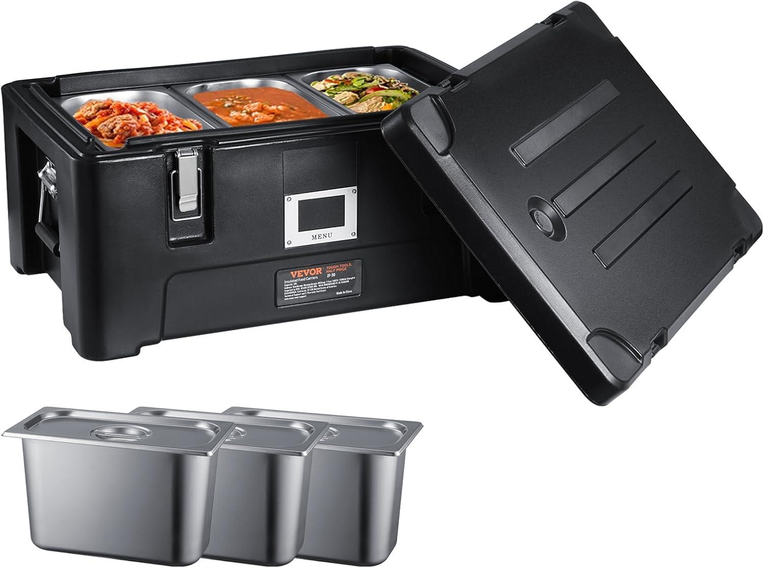 image:imageVEVOR Insulated Food Pan Carrier 95 Qt Hot Box for Catering LLDPE Food Box Carrier wDouble Buckles Front Loading Food Warmer wHandles Stackable End Loader for Restaurant Canteen etc BlackBlack