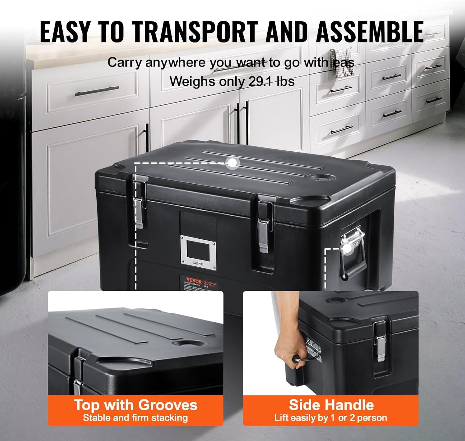 image:imageVEVOR Insulated Food Pan Carrier 95 Qt Hot Box for Catering LLDPE Food Box Carrier wDouble Buckles Front Loading Food Warmer wHandles Stackable End Loader for Restaurant Canteen etc BlackBlack