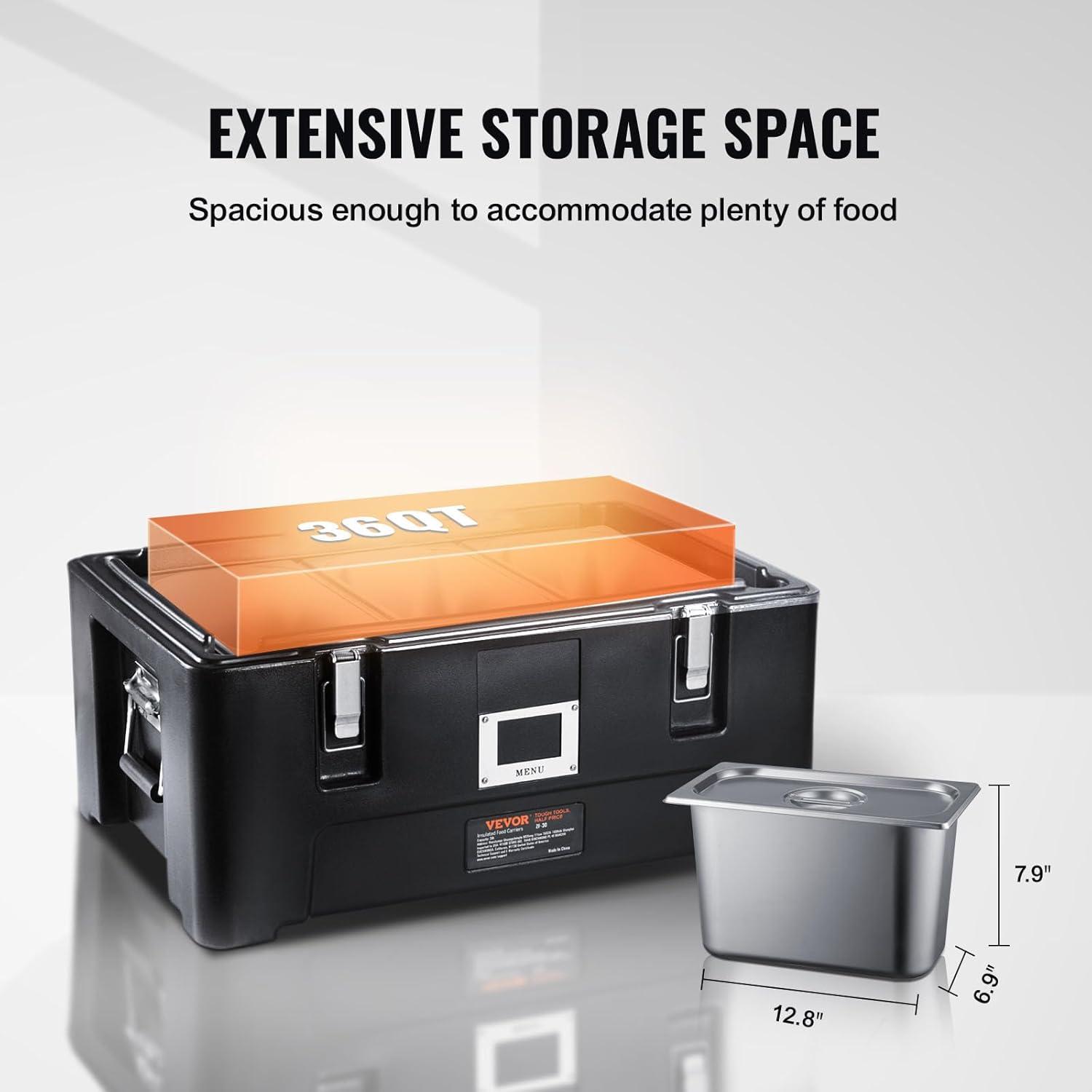 image:imageVEVOR Insulated Food Pan Carrier 95 Qt Hot Box for Catering LLDPE Food Box Carrier wDouble Buckles Front Loading Food Warmer wHandles Stackable End Loader for Restaurant Canteen etc BlackBlack