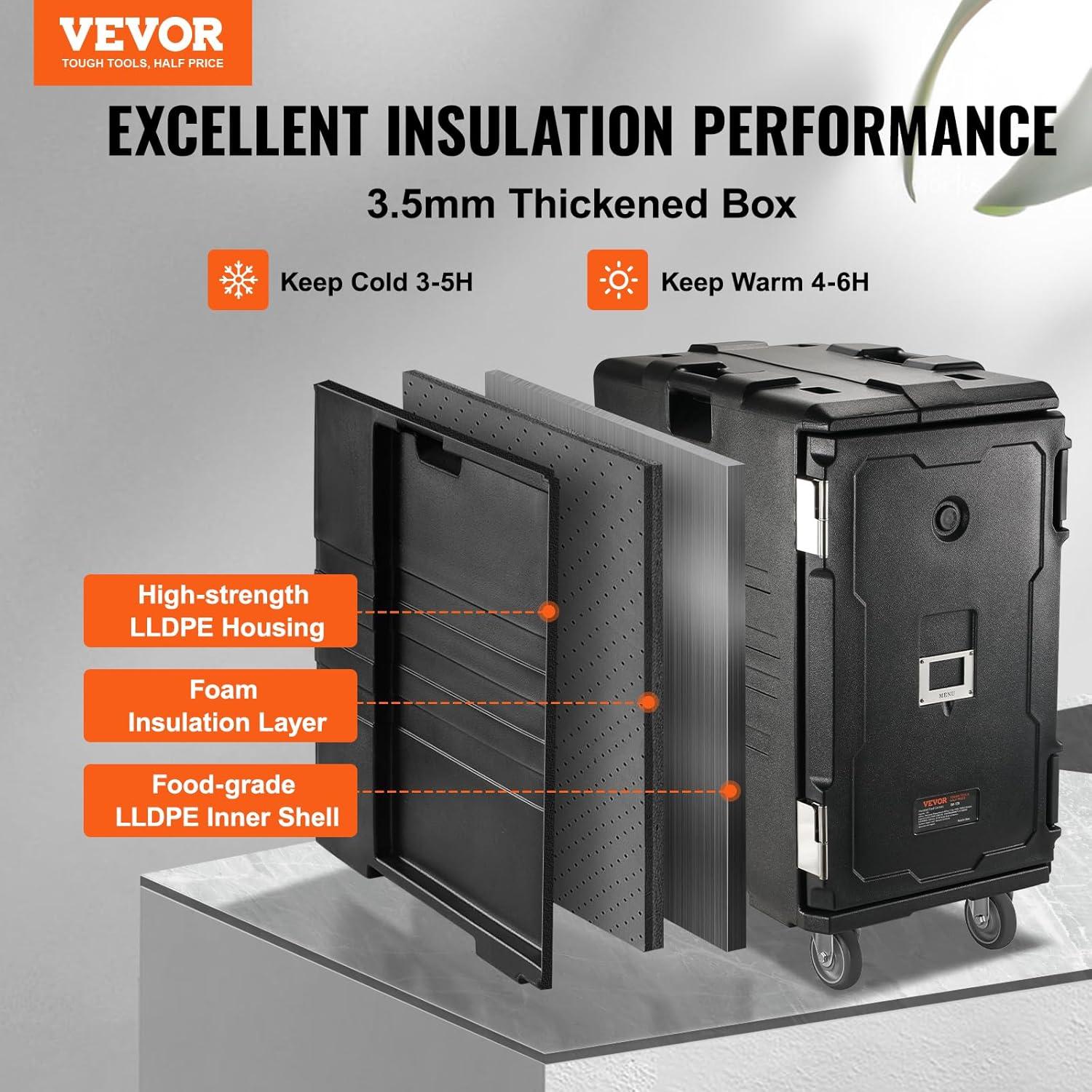 image:imageVEVOR Insulated Food Pan Carrier 95 Qt Hot Box for Catering LLDPE Food Box Carrier wDouble Buckles Front Loading Food Warmer wHandles Stackable End Loader for Restaurant Canteen etc BlackBlack
