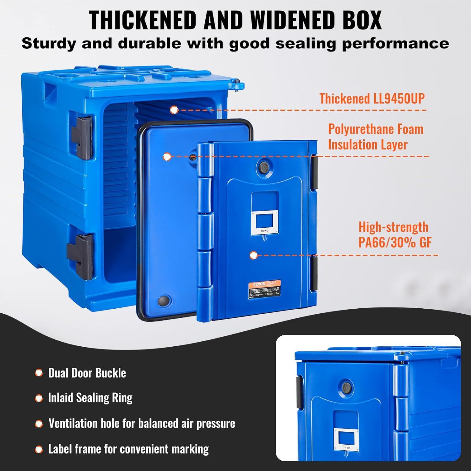 image:imageVEVOR Insulated Food Pan Carrier 95 Qt Hot Box for Catering LLDPE Food Box Carrier wDouble Buckles Front Loading Food Warmer wHandles Stackable End Loader for Restaurant Canteen etc BlackBlue