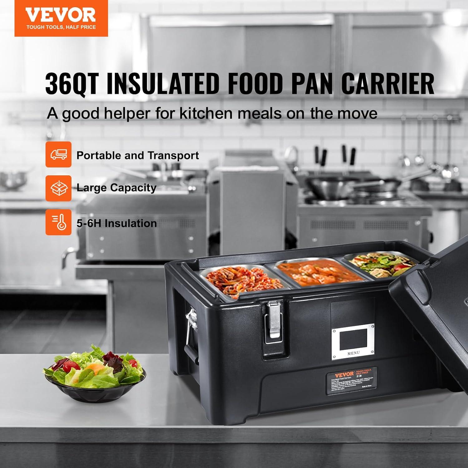 image:imageVEVOR Insulated Food Pan Carrier 95 Qt Hot Box for Catering LLDPE Food Box Carrier wDouble Buckles Front Loading Food Warmer wHandles Stackable End Loader for Restaurant Canteen etc BlackBlack