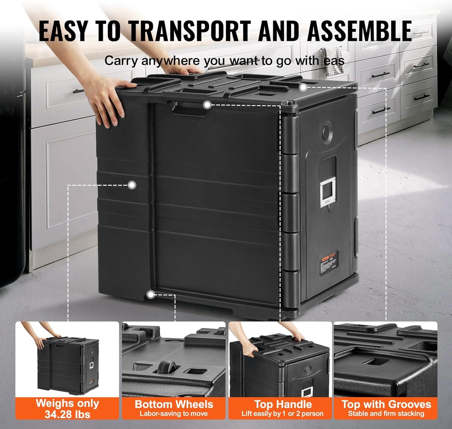image:imageVEVOR Insulated Food Pan Carrier 95 Qt Hot Box for Catering LLDPE Food Box Carrier wDouble Buckles Front Loading Food Warmer wHandles Stackable End Loader for Restaurant Canteen etc BlackBlack