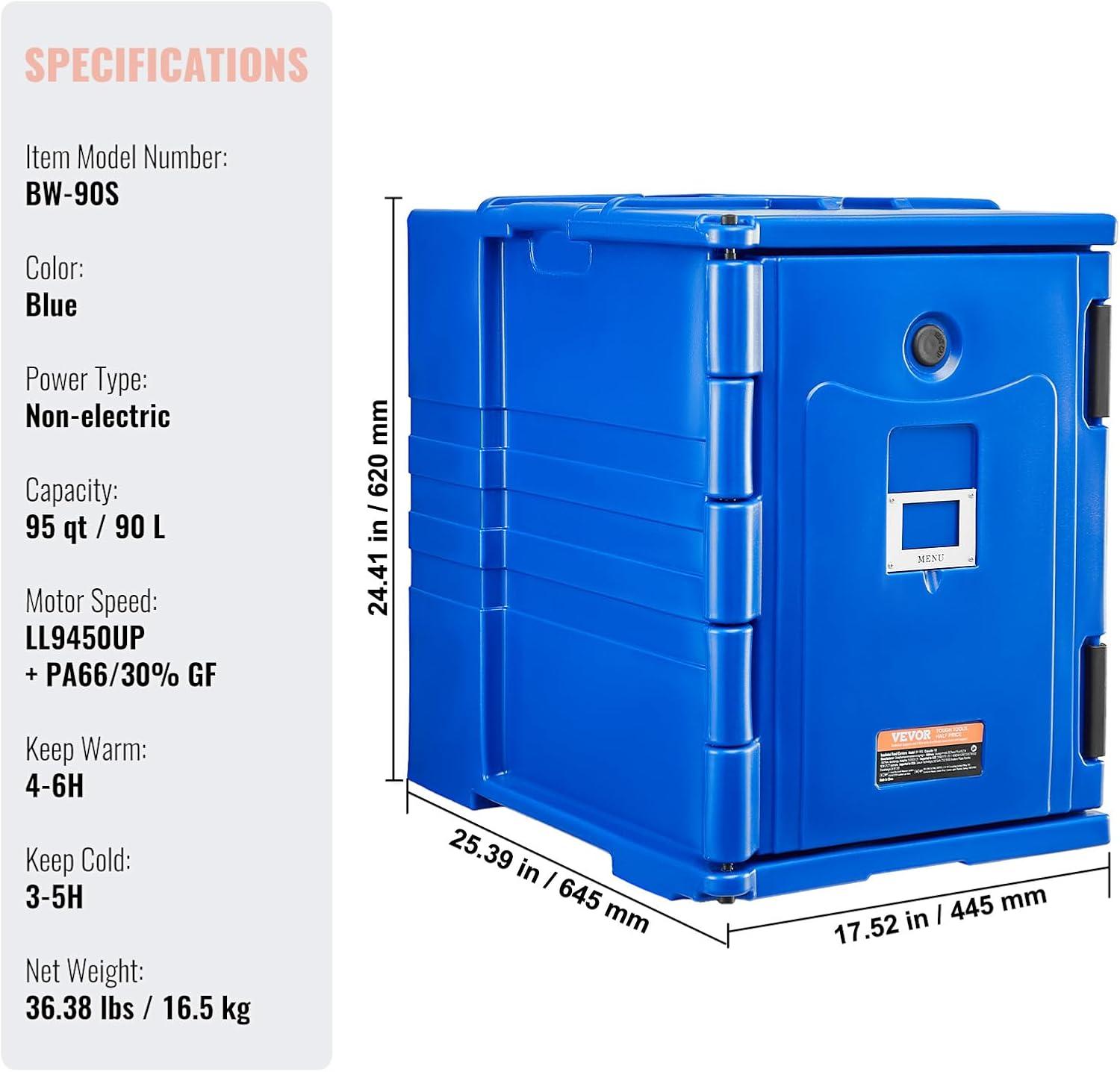 image:imageVEVOR Insulated Food Pan Carrier 95 Qt Hot Box for Catering LLDPE Food Box Carrier wDouble Buckles Front Loading Food Warmer wHandles Stackable End Loader for Restaurant Canteen etc BlackBlue