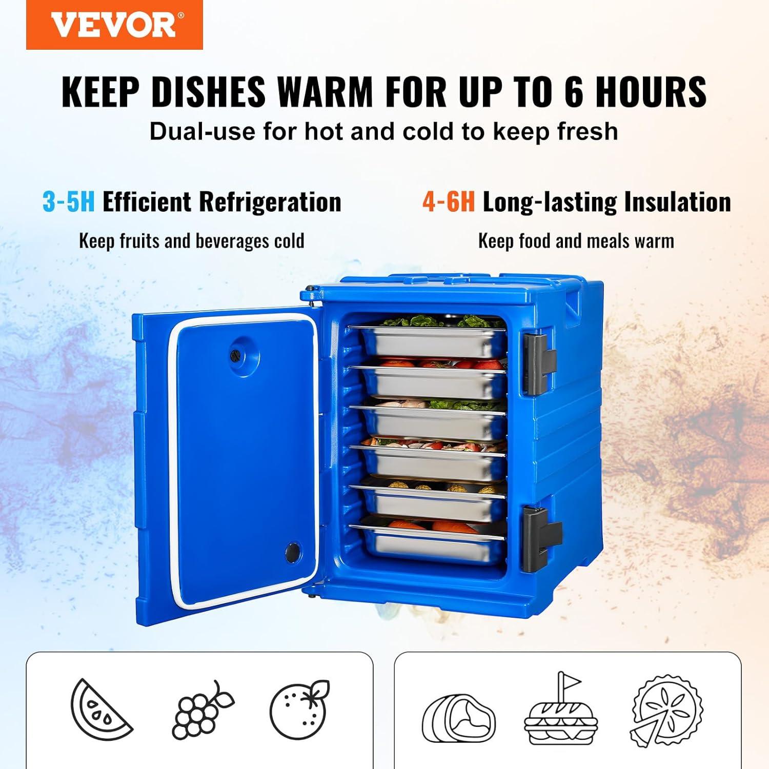 image:imageVEVOR Insulated Food Pan Carrier 95 Qt Hot Box for Catering LLDPE Food Box Carrier wDouble Buckles Front Loading Food Warmer wHandles Stackable End Loader for Restaurant Canteen etc BlackBlue