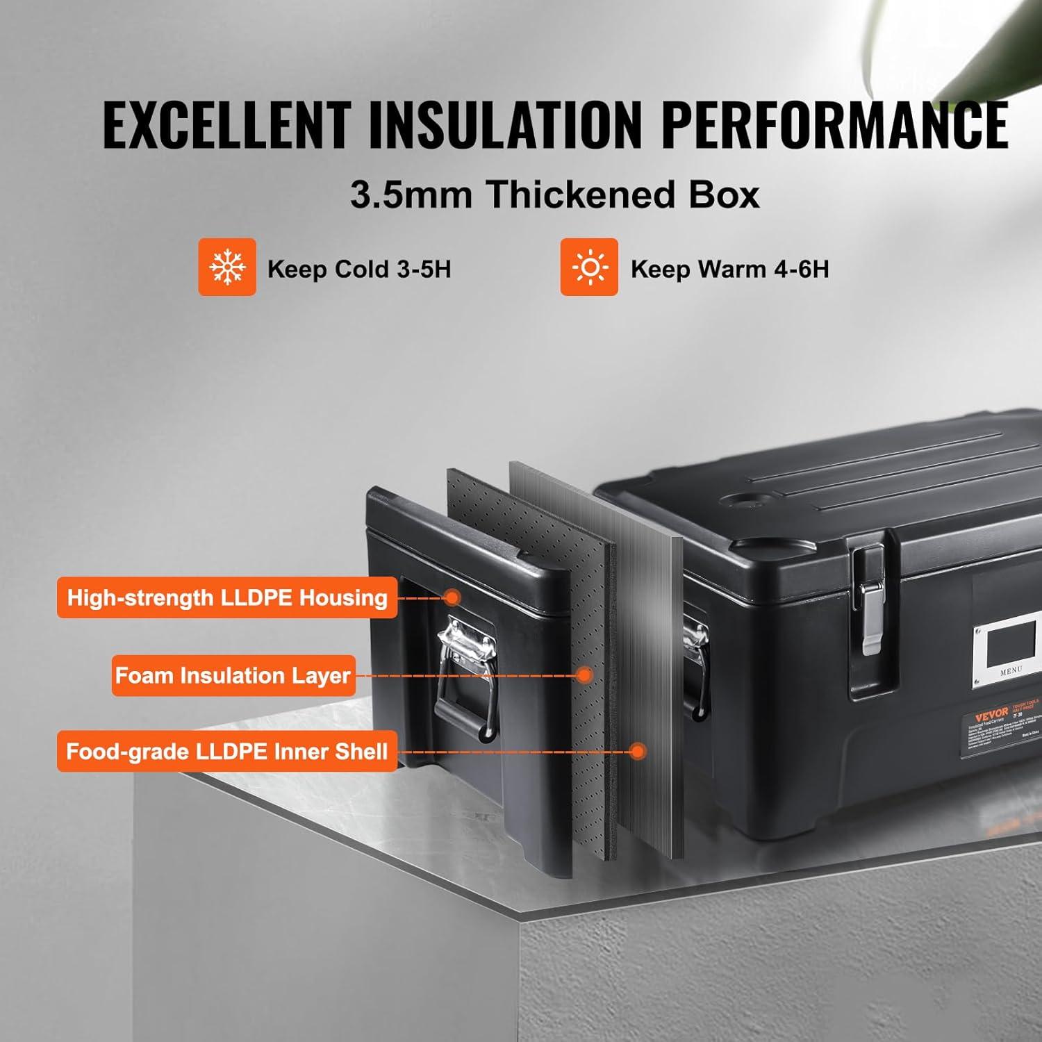 image:imageVEVOR Insulated Food Pan Carrier 95 Qt Hot Box for Catering LLDPE Food Box Carrier wDouble Buckles Front Loading Food Warmer wHandles Stackable End Loader for Restaurant Canteen etc BlackBlack