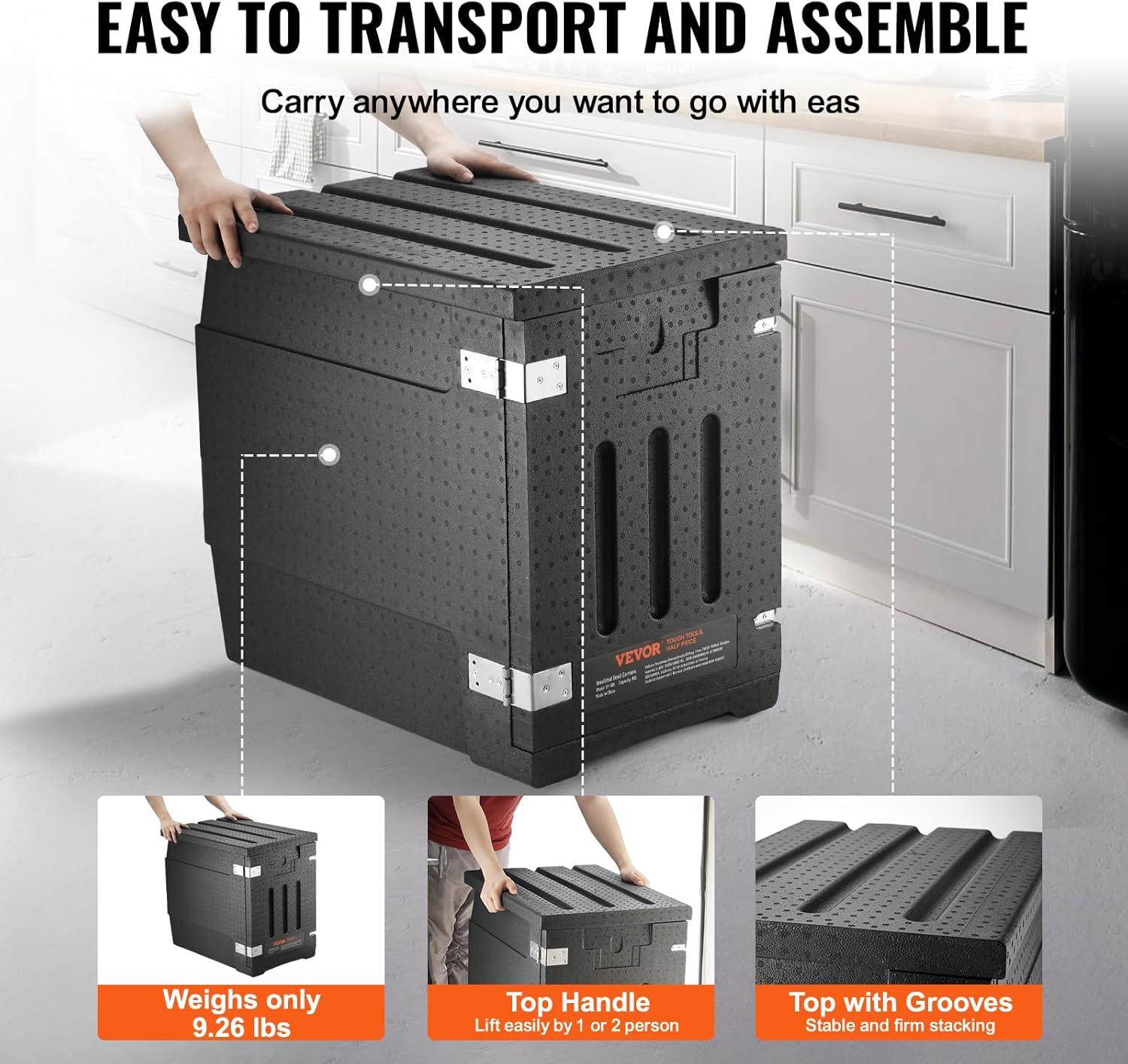 image:imageVEVOR Insulated Food Pan Carrier 95 Qt Hot Box for Catering LLDPE Food Box Carrier wDouble Buckles Front Loading Food Warmer wHandles Stackable End Loader for Restaurant Canteen etc BlackBlack
