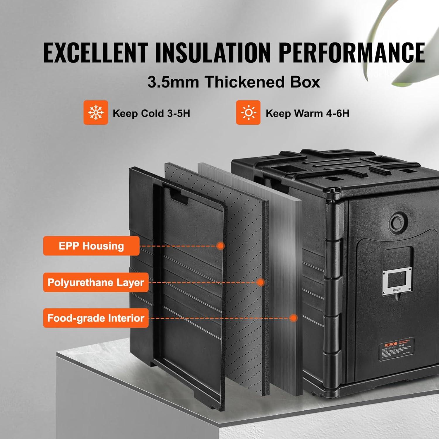 image:imageVEVOR Insulated Food Pan Carrier 95 Qt Hot Box for Catering LLDPE Food Box Carrier wDouble Buckles Front Loading Food Warmer wHandles Stackable End Loader for Restaurant Canteen etc BlackBlack