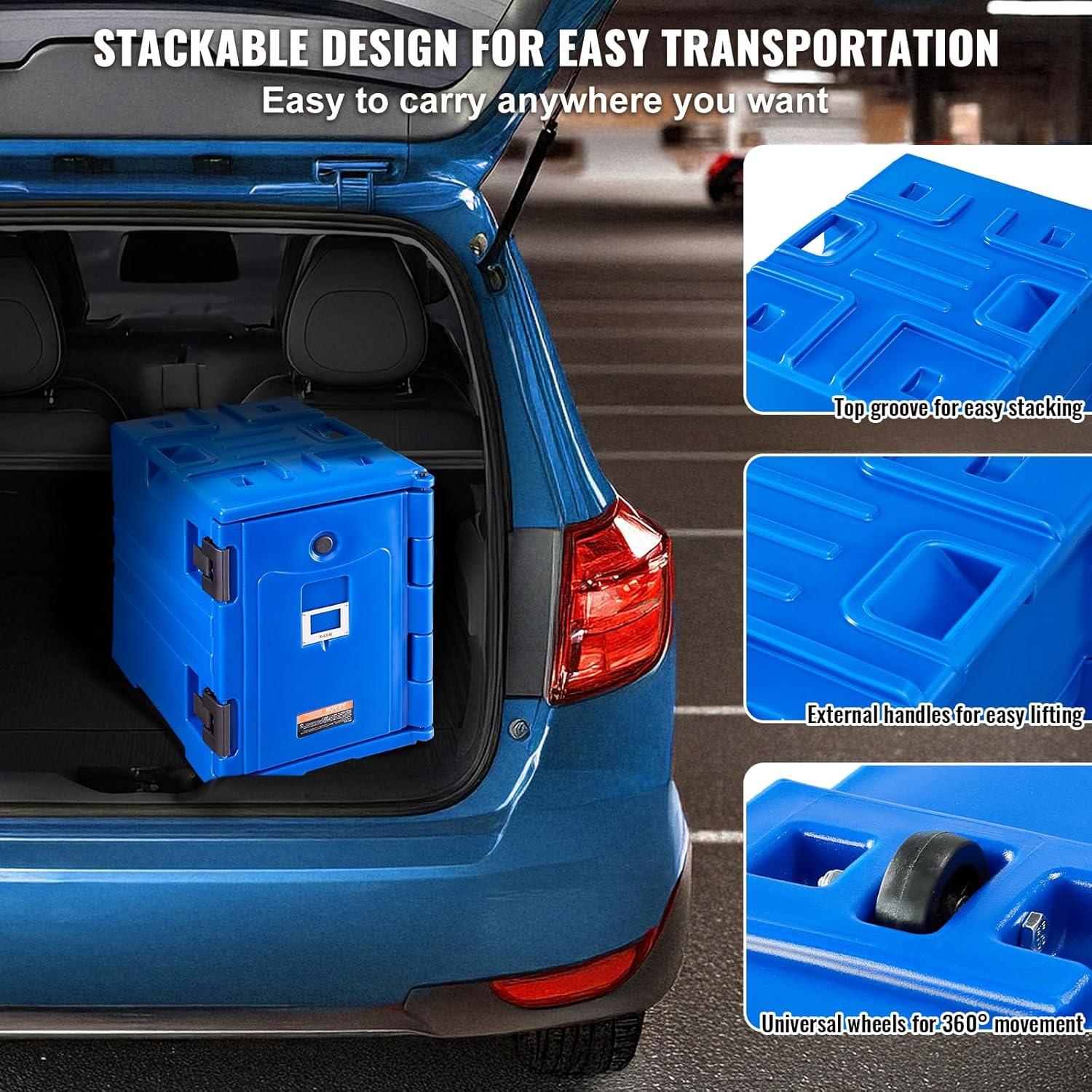 image:imageVEVOR Insulated Food Pan Carrier 95 Qt Hot Box for Catering LLDPE Food Box Carrier wDouble Buckles Front Loading Food Warmer wHandles Stackable End Loader for Restaurant Canteen etc BlackBlue