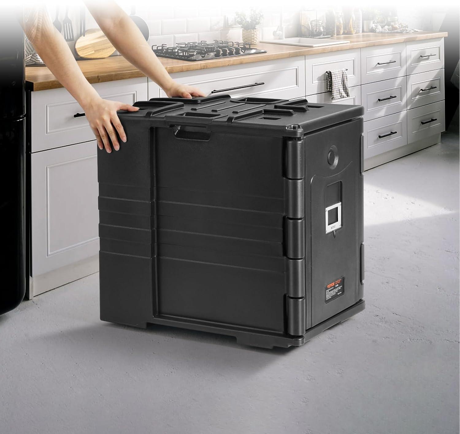 image:imageVEVOR Insulated Food Pan Carrier 95 Qt Hot Box for Catering LLDPE Food Box Carrier wDouble Buckles Front Loading Food Warmer wHandles Stackable End Loader for Restaurant Canteen etc BlackBlack