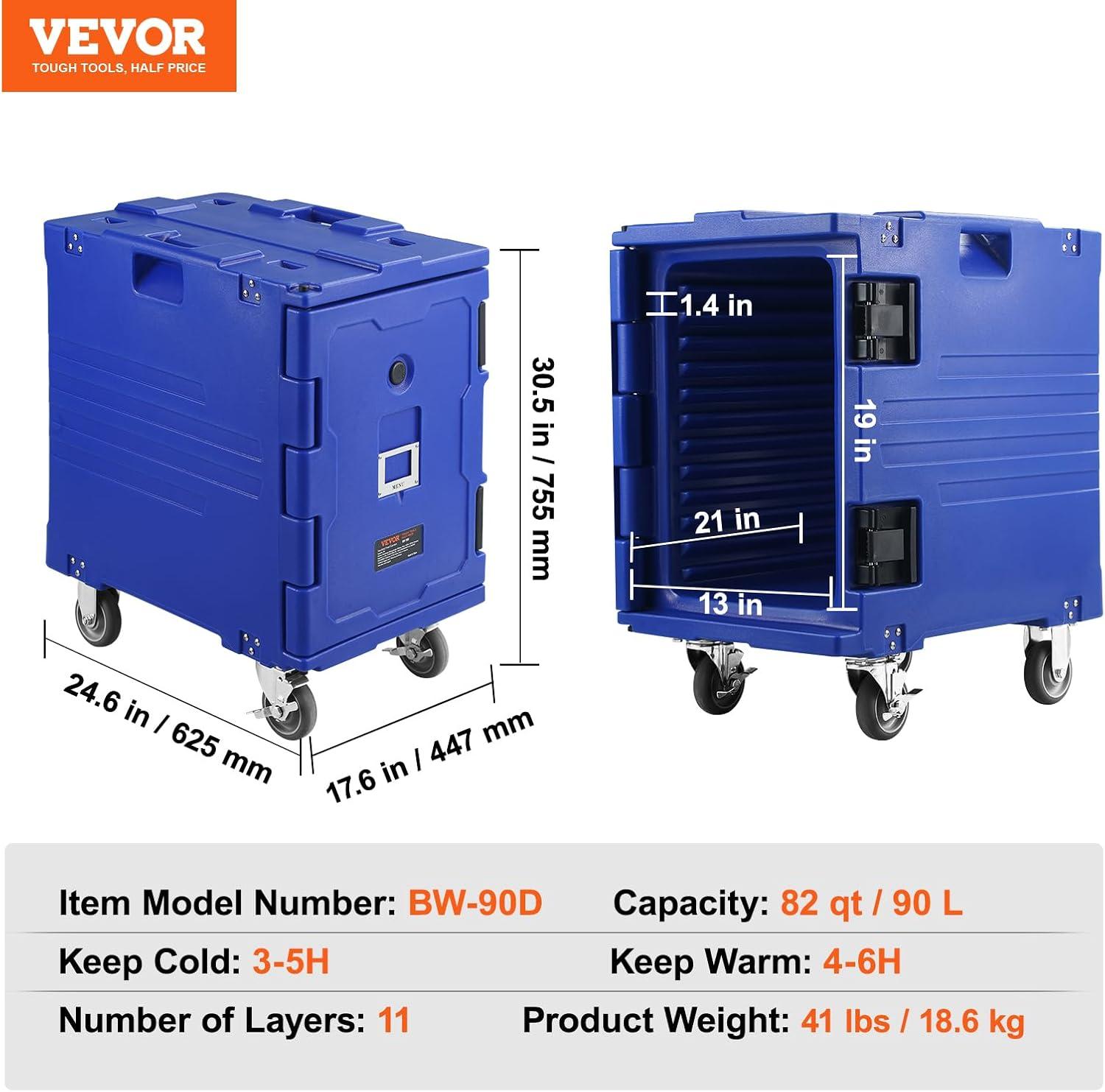 image:imageVEVOR Insulated Food Pan Carrier 95 Qt Hot Box for Catering LLDPE Food Box Carrier wDouble Buckles Front Loading Food Warmer wHandles Stackable End Loader for Restaurant Canteen etc BlackBlue
