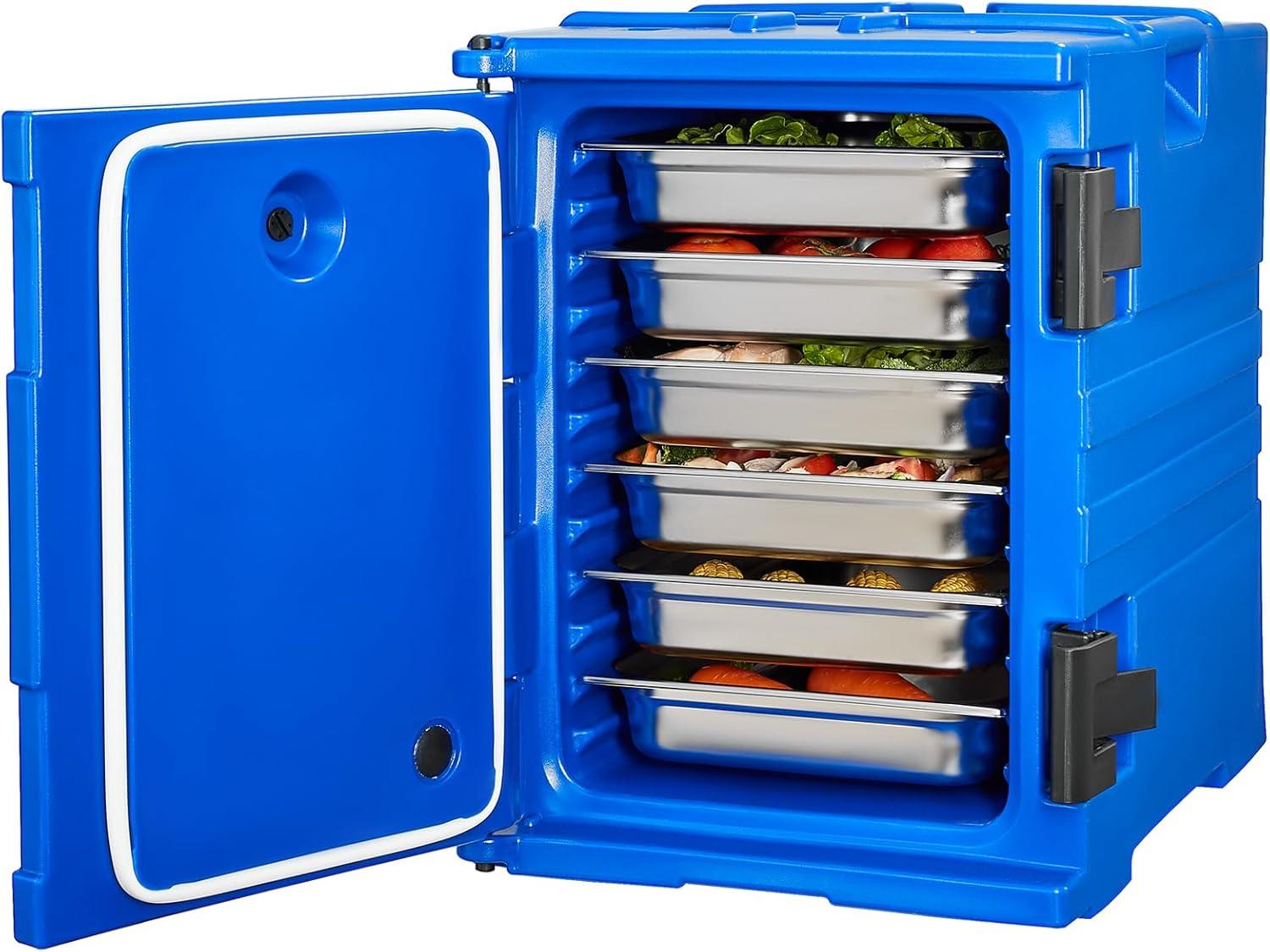 image:imageVEVOR Insulated Food Pan Carrier 95 Qt Hot Box for Catering LLDPE Food Box Carrier wDouble Buckles Front Loading Food Warmer wHandles Stackable End Loader for Restaurant Canteen etc BlackBlue