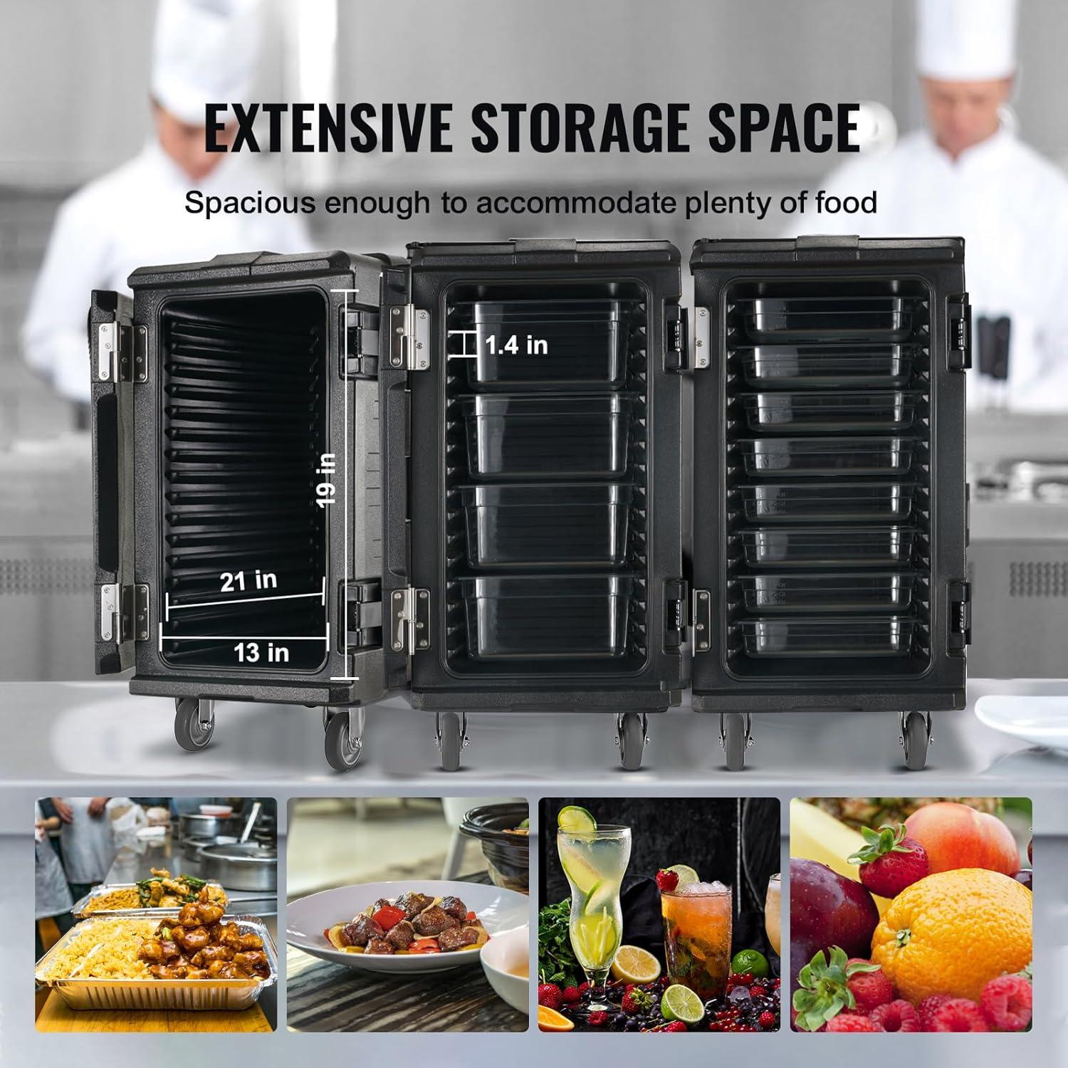 image:imageVEVOR Insulated Food Pan Carrier 95 Qt Hot Box for Catering LLDPE Food Box Carrier wDouble Buckles Front Loading Food Warmer wHandles Stackable End Loader for Restaurant Canteen etc BlackBlack