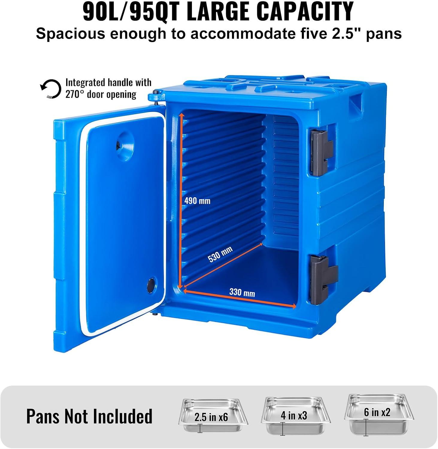 image:imageVEVOR Insulated Food Pan Carrier 95 Qt Hot Box for Catering LLDPE Food Box Carrier wDouble Buckles Front Loading Food Warmer wHandles Stackable End Loader for Restaurant Canteen etc BlackBlue