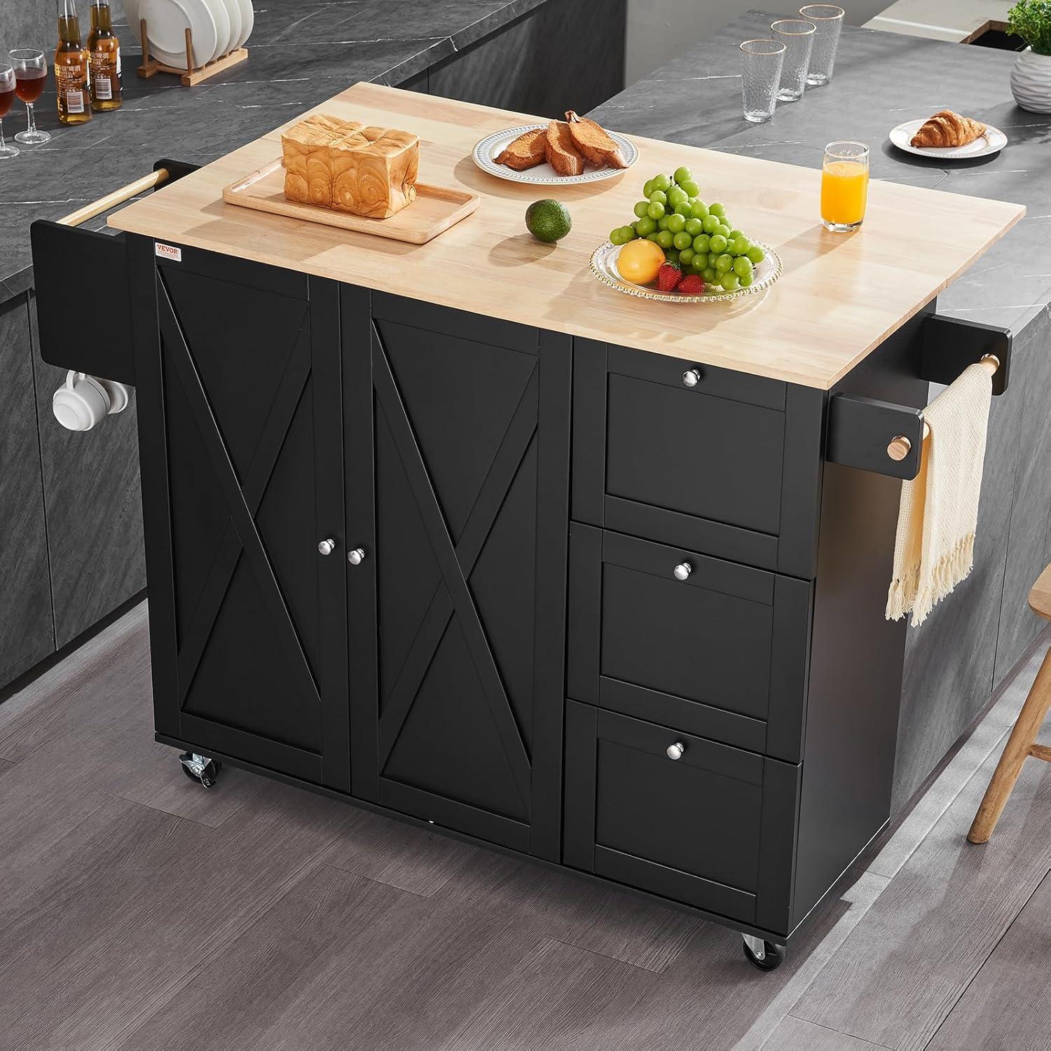 image:imageVEVOR Kitchen Island Cart 453x39 inch Rolling Kitchen Table Mobile Carts with Storage Cabinet and Solid Wood Top Portable Islands with Wheels Spice Rack Towel Rack Drop Leaf and Drawer White453 W Drop Leaf Black