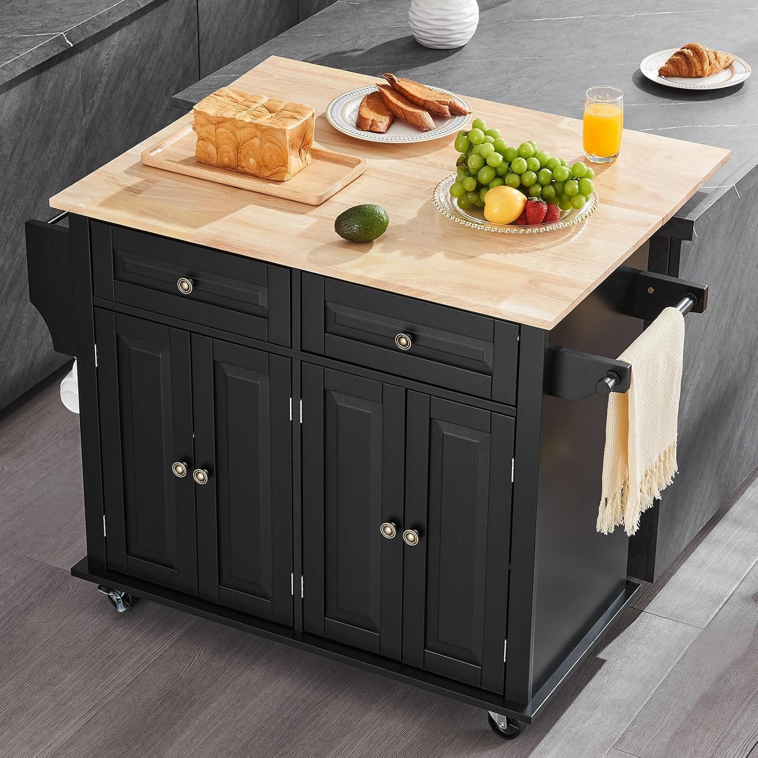 image:imageVEVOR Kitchen Island Cart 453x39 inch Rolling Kitchen Table Mobile Carts with Storage Cabinet and Solid Wood Top Portable Islands with Wheels Spice Rack Towel Rack Drop Leaf and Drawer White354 W Drop Leaf