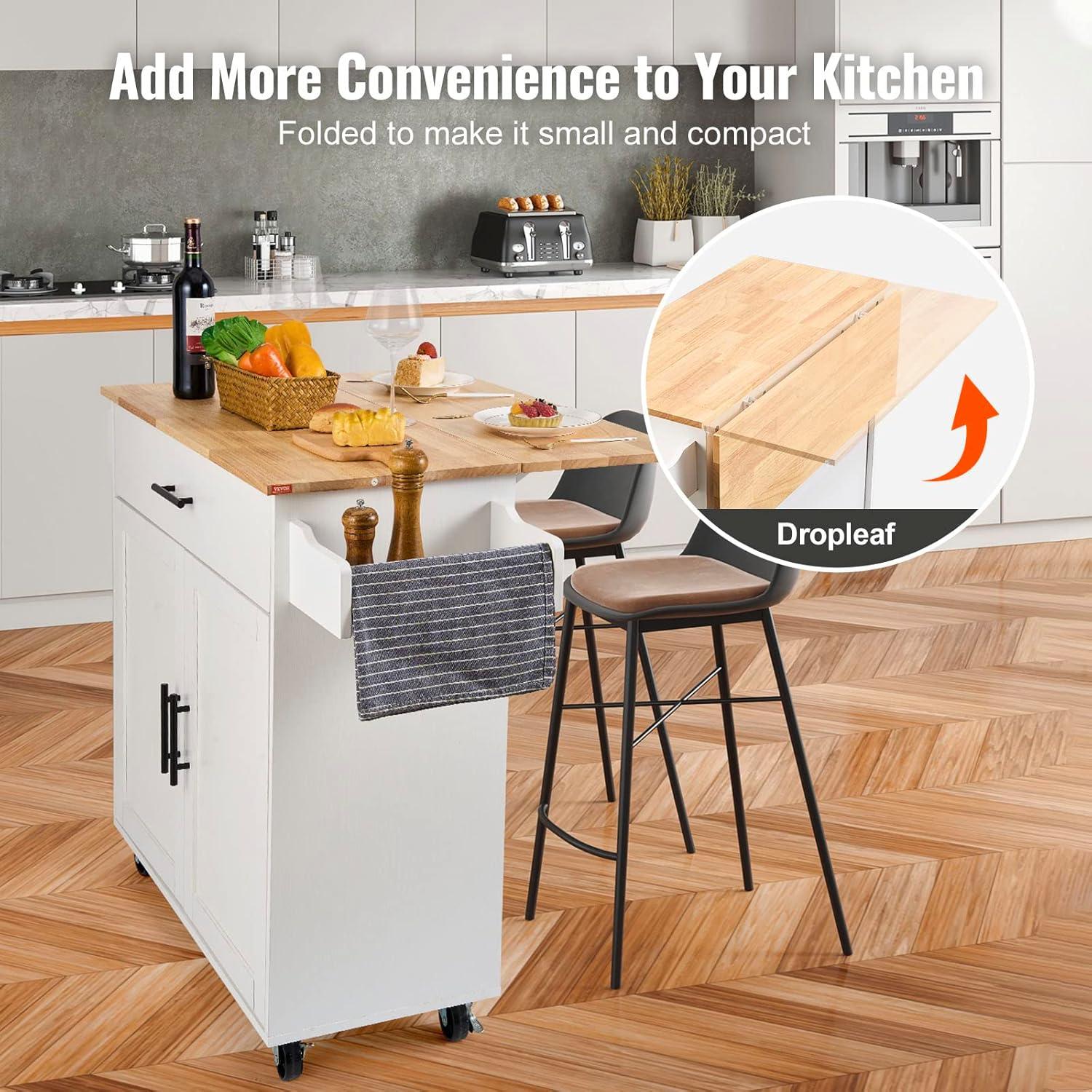 image:imageVEVOR Kitchen Island Cart 453x39 inch Rolling Kitchen Table Mobile Carts with Storage Cabinet and Solid Wood Top Portable Islands with Wheels Spice Rack Towel Rack Drop Leaf and Drawer White354 W Drop Leaf