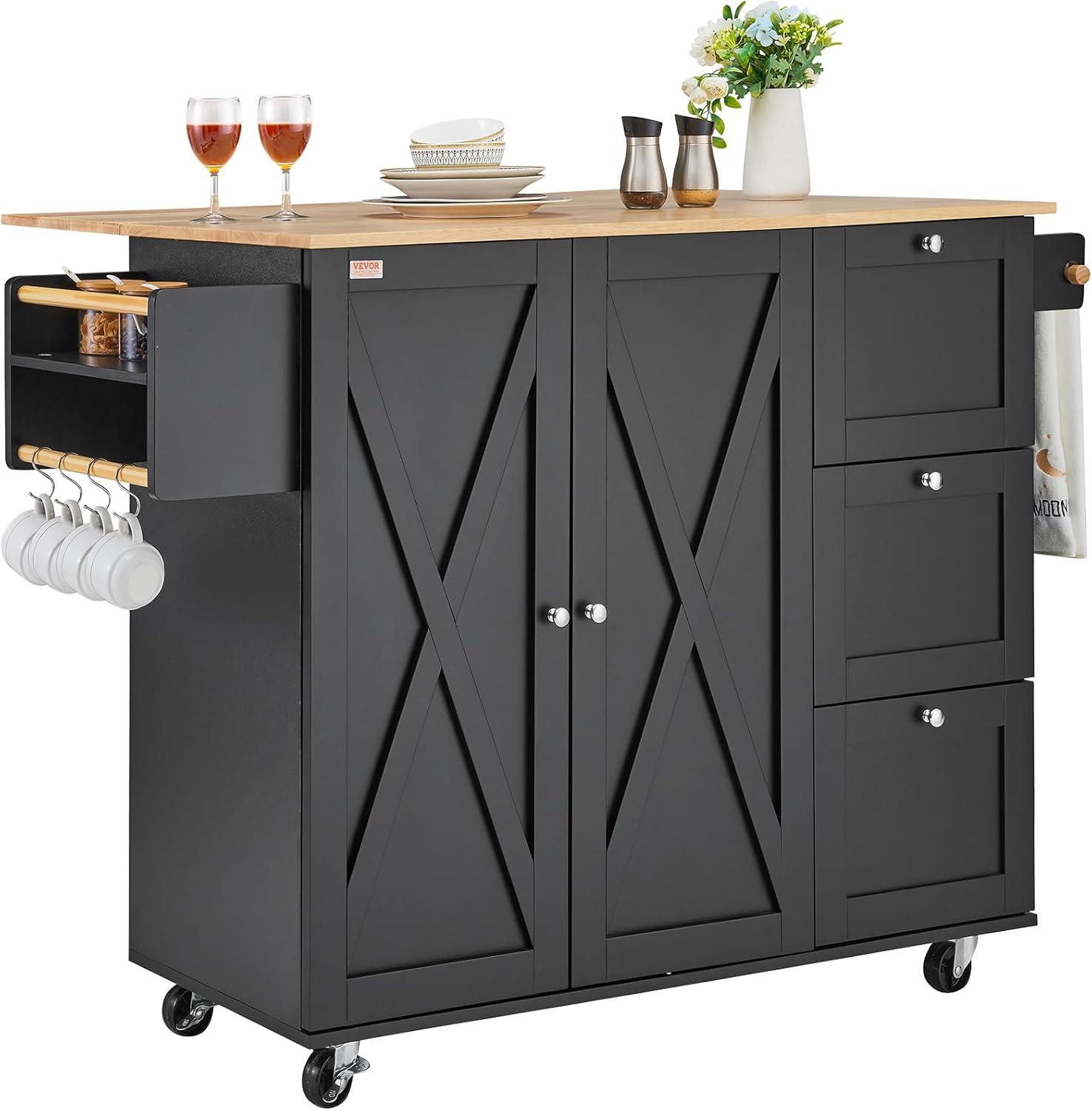 image:imageVEVOR Kitchen Island Cart 453x39 inch Rolling Kitchen Table Mobile Carts with Storage Cabinet and Solid Wood Top Portable Islands with Wheels Spice Rack Towel Rack Drop Leaf and Drawer White453 W Drop Leaf Black