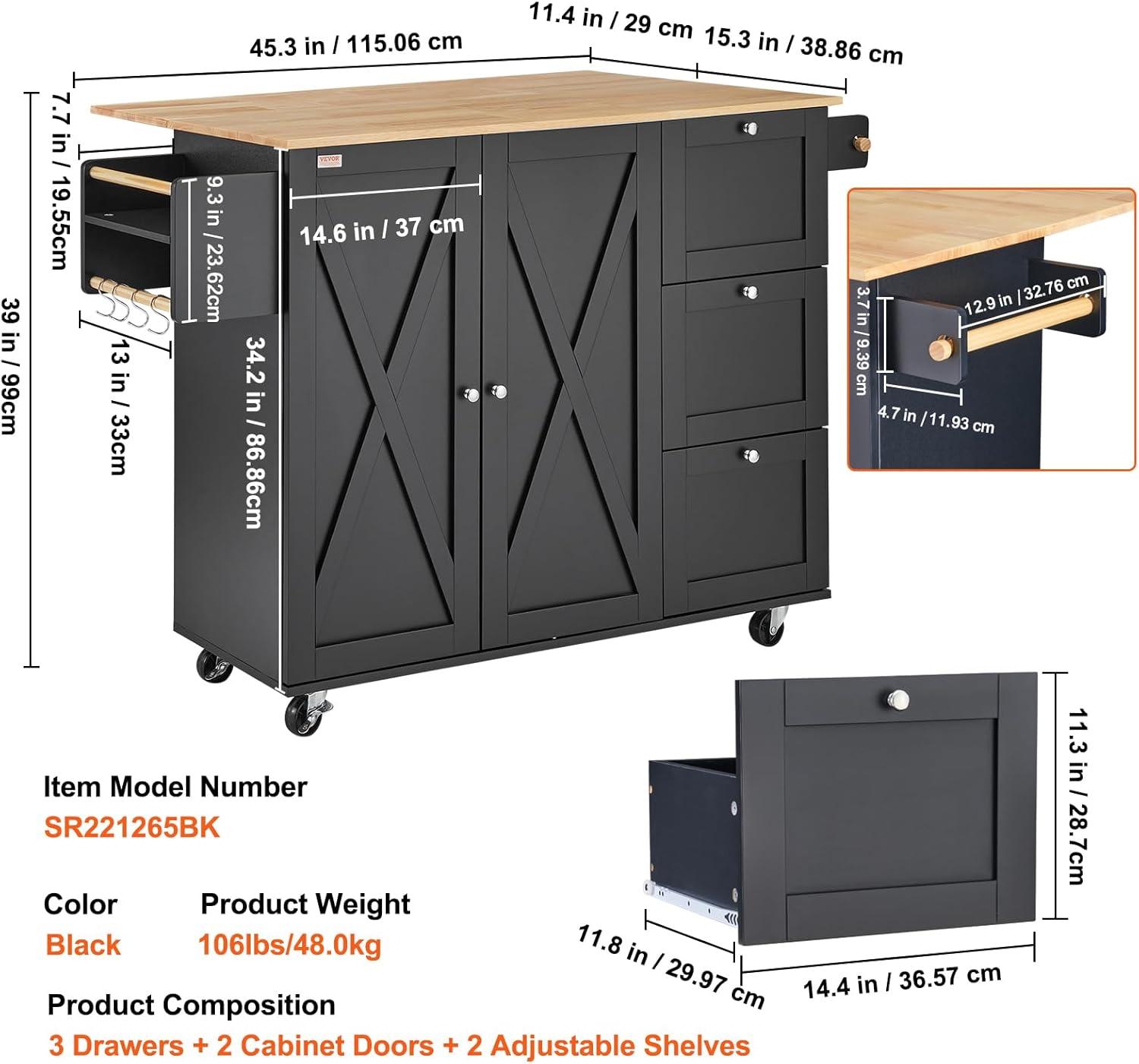 image:imageVEVOR Kitchen Island Cart 453x39 inch Rolling Kitchen Table Mobile Carts with Storage Cabinet and Solid Wood Top Portable Islands with Wheels Spice Rack Towel Rack Drop Leaf and Drawer White453 W Drop Leaf Black