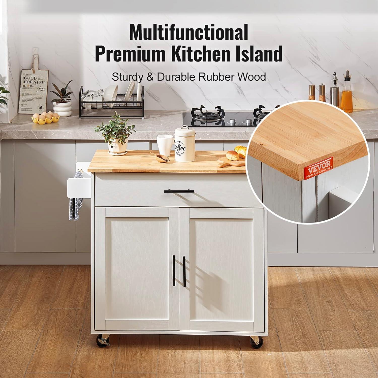 image:imageVEVOR Kitchen Island Cart 453x39 inch Rolling Kitchen Table Mobile Carts with Storage Cabinet and Solid Wood Top Portable Islands with Wheels Spice Rack Towel Rack Drop Leaf and Drawer White354 W Drop Leaf