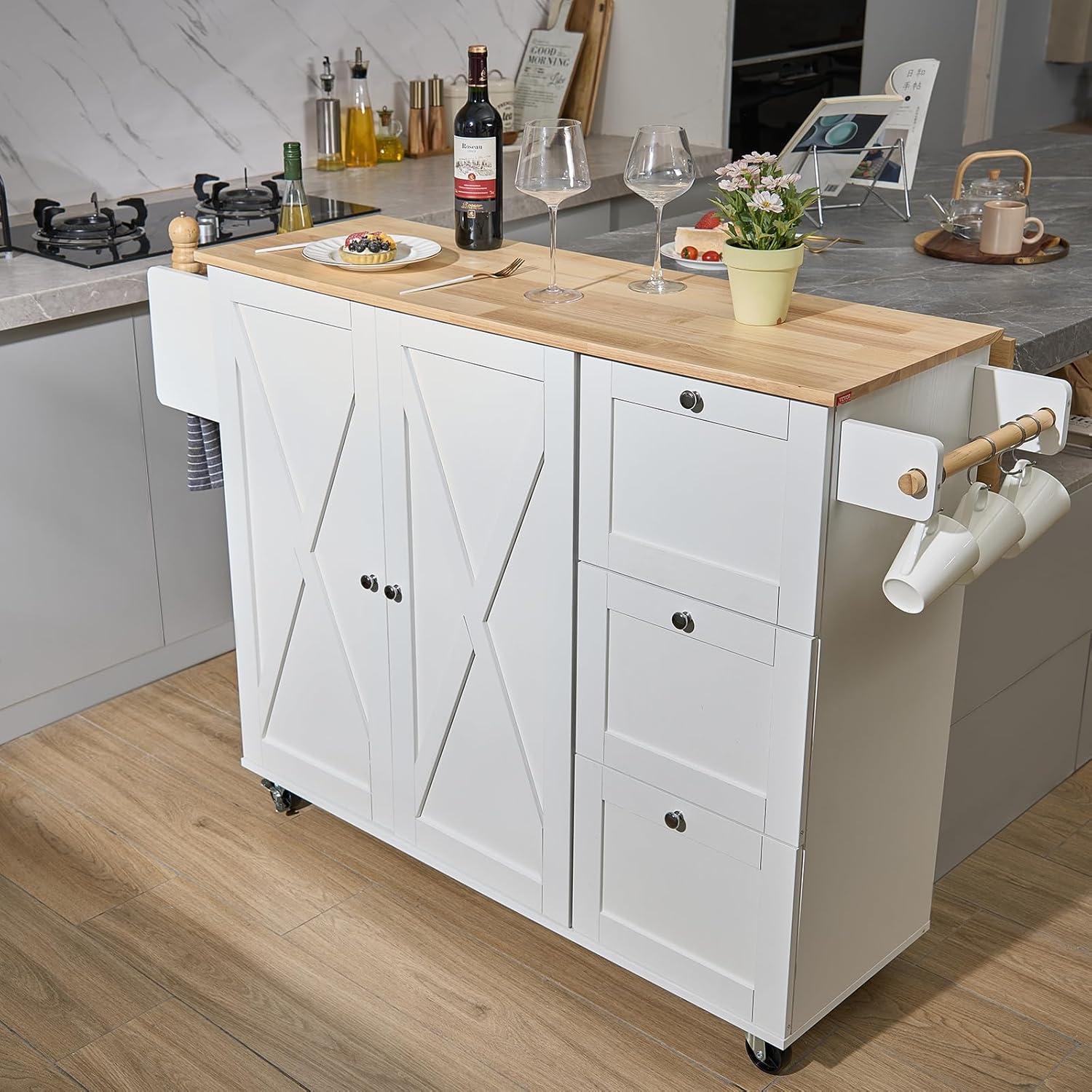 image:imageVEVOR Kitchen Island Cart 453x39 inch Rolling Kitchen Table Mobile Carts with Storage Cabinet and Solid Wood Top Portable Islands with Wheels Spice Rack Towel Rack Drop Leaf and Drawer White453 W Drop Leaf White