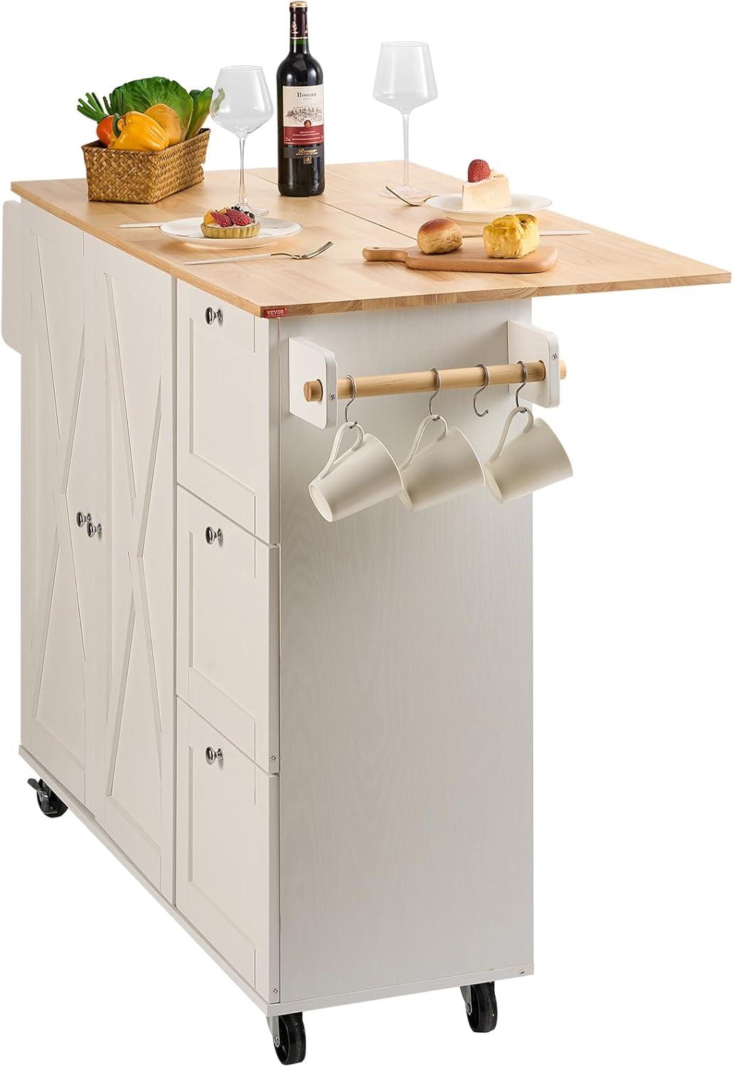 image:imageVEVOR Kitchen Island Cart 453x39 inch Rolling Kitchen Table Mobile Carts with Storage Cabinet and Solid Wood Top Portable Islands with Wheels Spice Rack Towel Rack Drop Leaf and Drawer White453 W Drop Leaf White