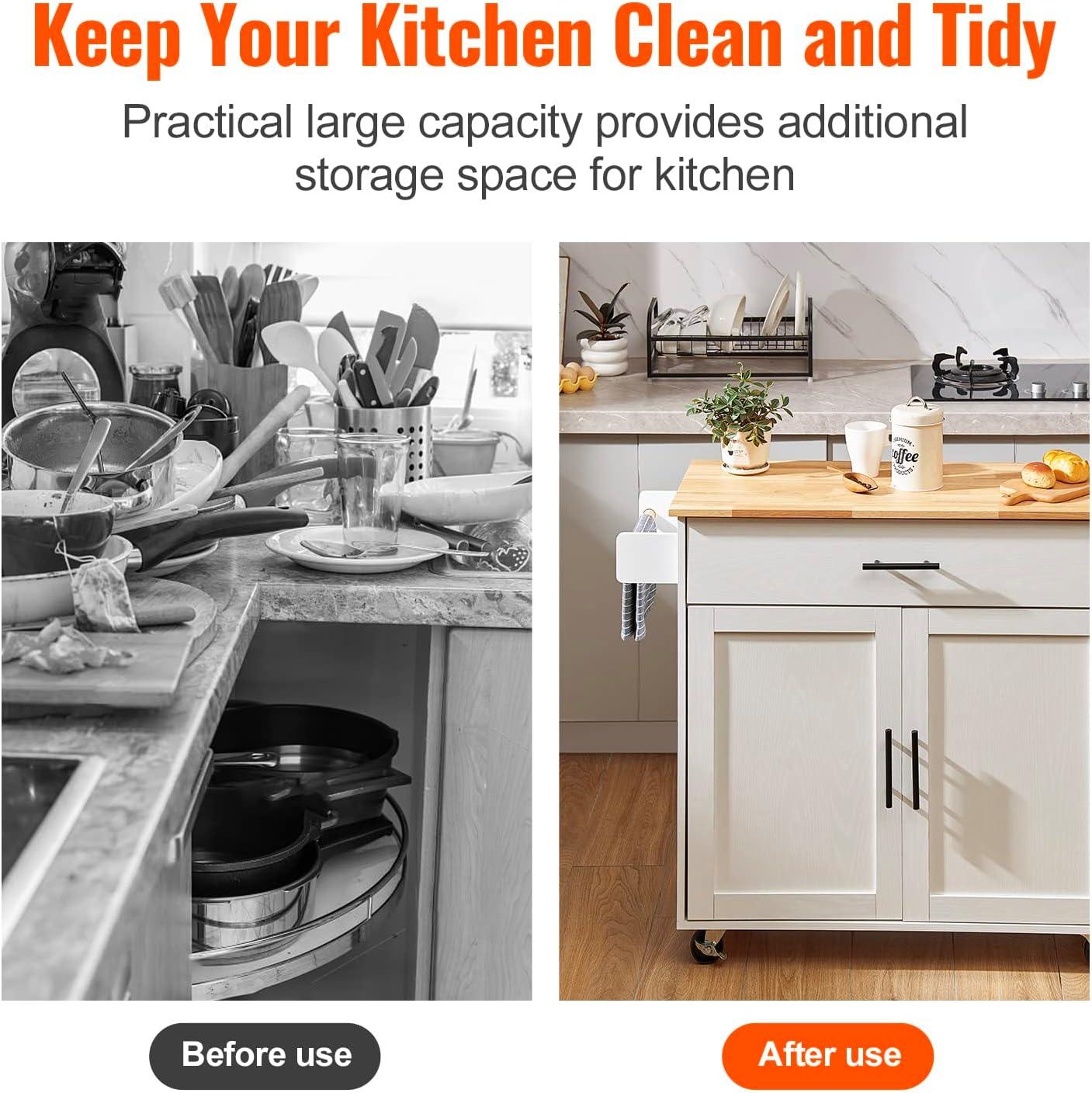 image:imageVEVOR Kitchen Island Cart 453x39 inch Rolling Kitchen Table Mobile Carts with Storage Cabinet and Solid Wood Top Portable Islands with Wheels Spice Rack Towel Rack Drop Leaf and Drawer White354 W Drop Leaf