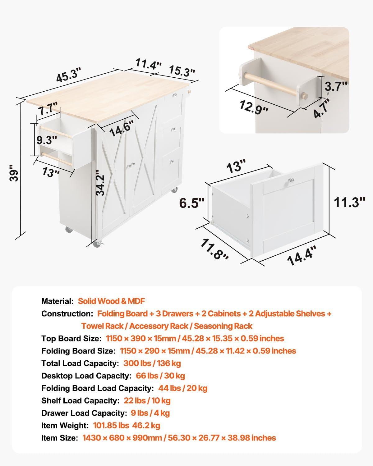 image:imageVEVOR Kitchen Island Cart 453x39 inch Rolling Kitchen Table Mobile Carts with Storage Cabinet and Solid Wood Top Portable Islands with Wheels Spice Rack Towel Rack Drop Leaf and Drawer White453 W Drop Leaf White