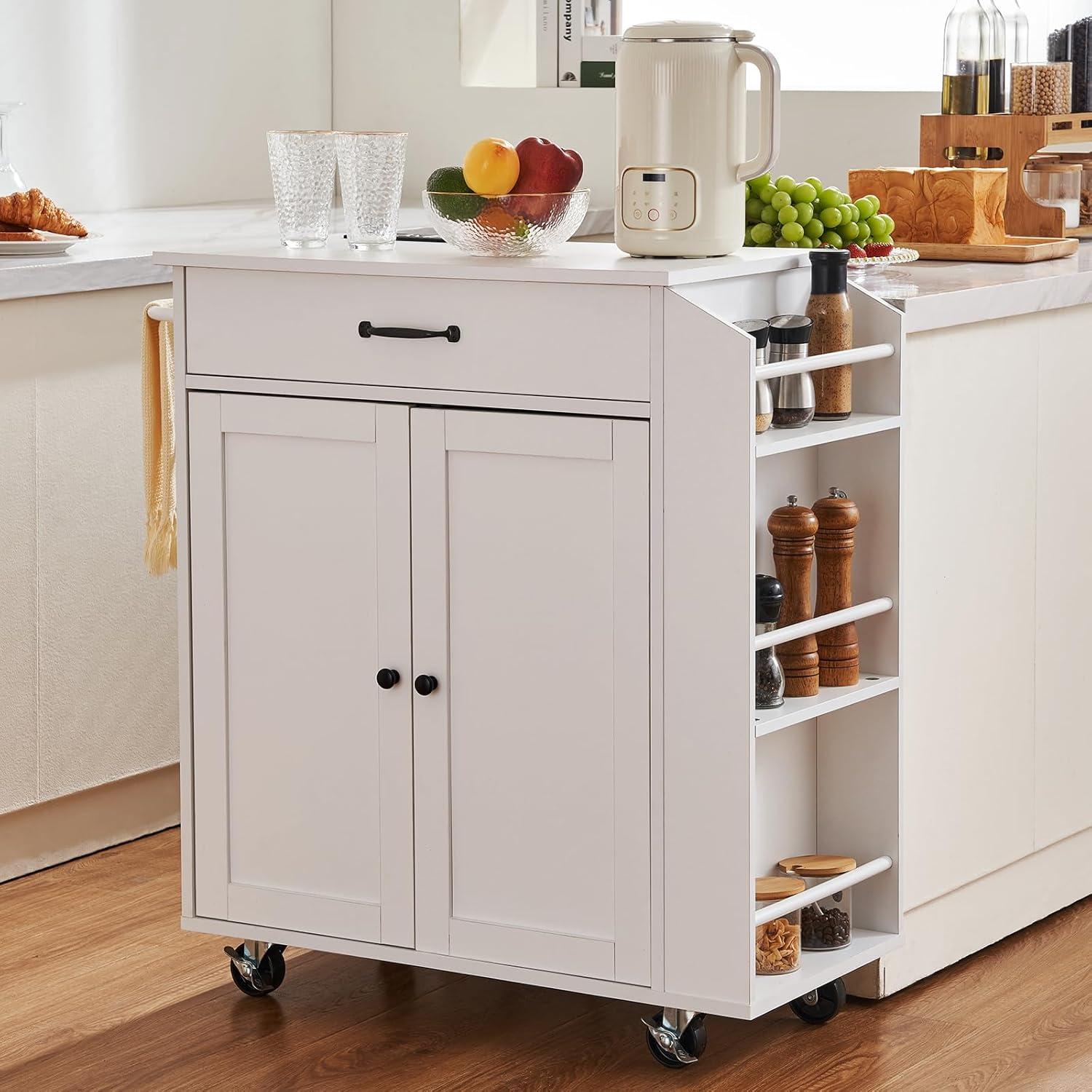 image:imageVEVOR Kitchen Island Cart 453x39 inch Rolling Kitchen Table Mobile Carts with Storage Cabinet and Solid Wood Top Portable Islands with Wheels Spice Rack Towel Rack Drop Leaf and Drawer White32x15