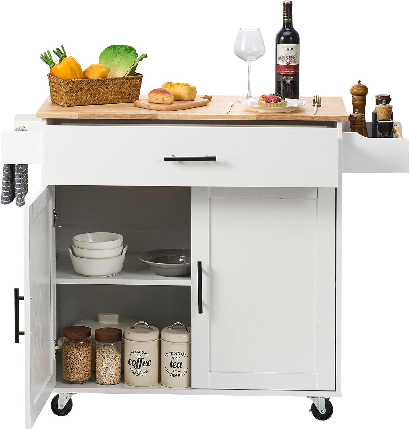image:imageVEVOR Kitchen Island Cart 453x39 inch Rolling Kitchen Table Mobile Carts with Storage Cabinet and Solid Wood Top Portable Islands with Wheels Spice Rack Towel Rack Drop Leaf and Drawer White354 W Drop Leaf