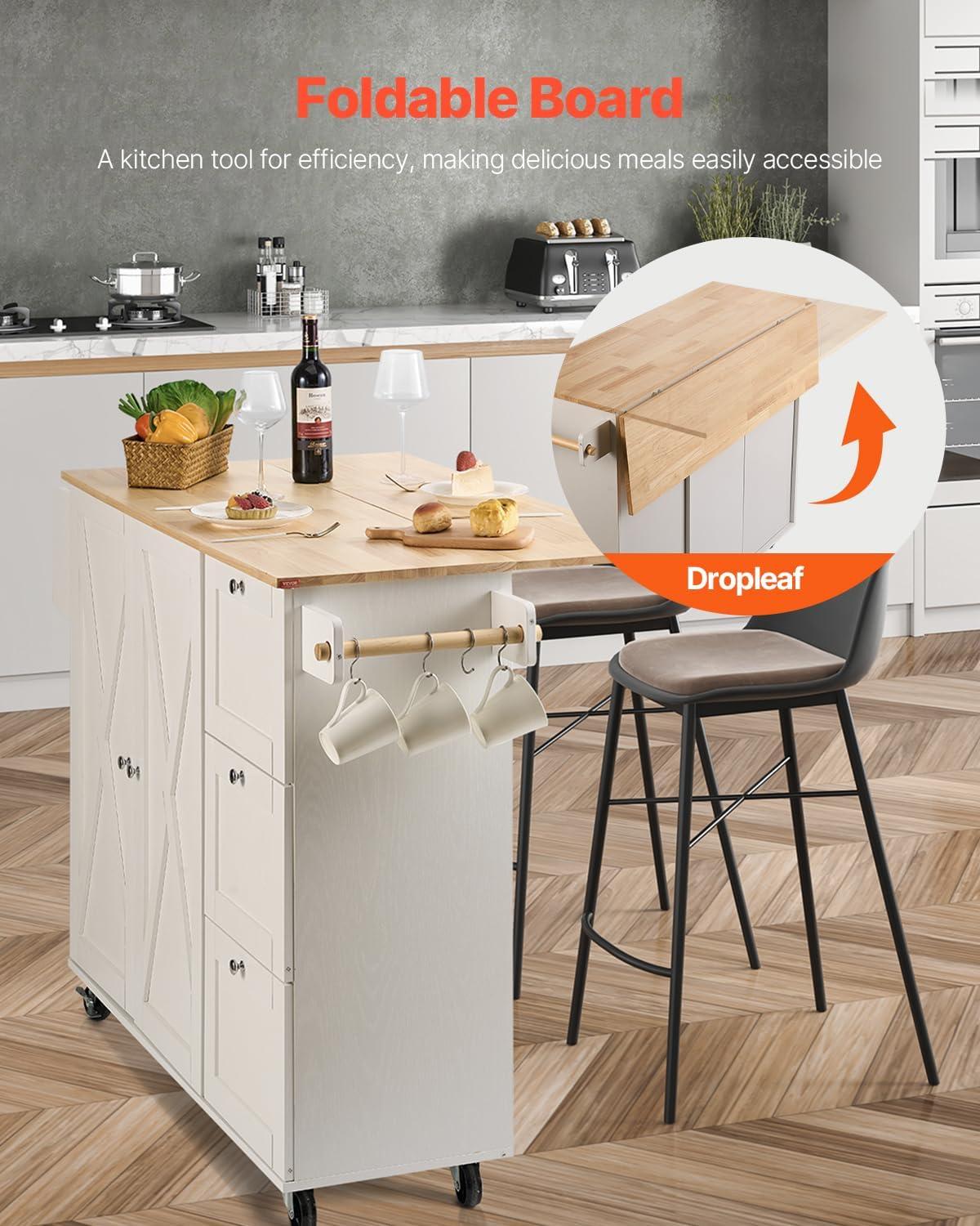 image:imageVEVOR Kitchen Island Cart 453x39 inch Rolling Kitchen Table Mobile Carts with Storage Cabinet and Solid Wood Top Portable Islands with Wheels Spice Rack Towel Rack Drop Leaf and Drawer White453 W Drop Leaf White