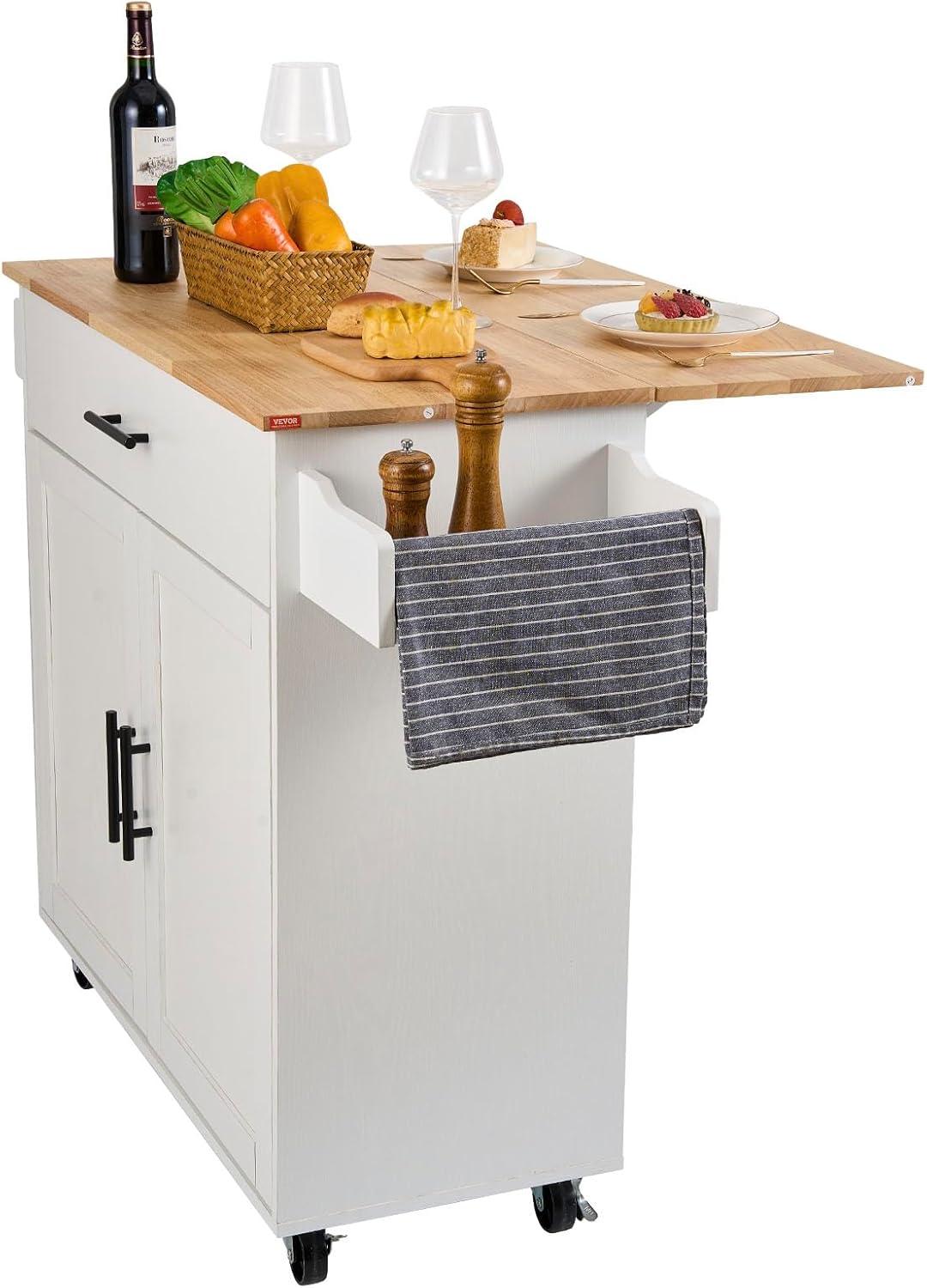 image:imageVEVOR Kitchen Island Cart 453x39 inch Rolling Kitchen Table Mobile Carts with Storage Cabinet and Solid Wood Top Portable Islands with Wheels Spice Rack Towel Rack Drop Leaf and Drawer White354 W Drop Leaf