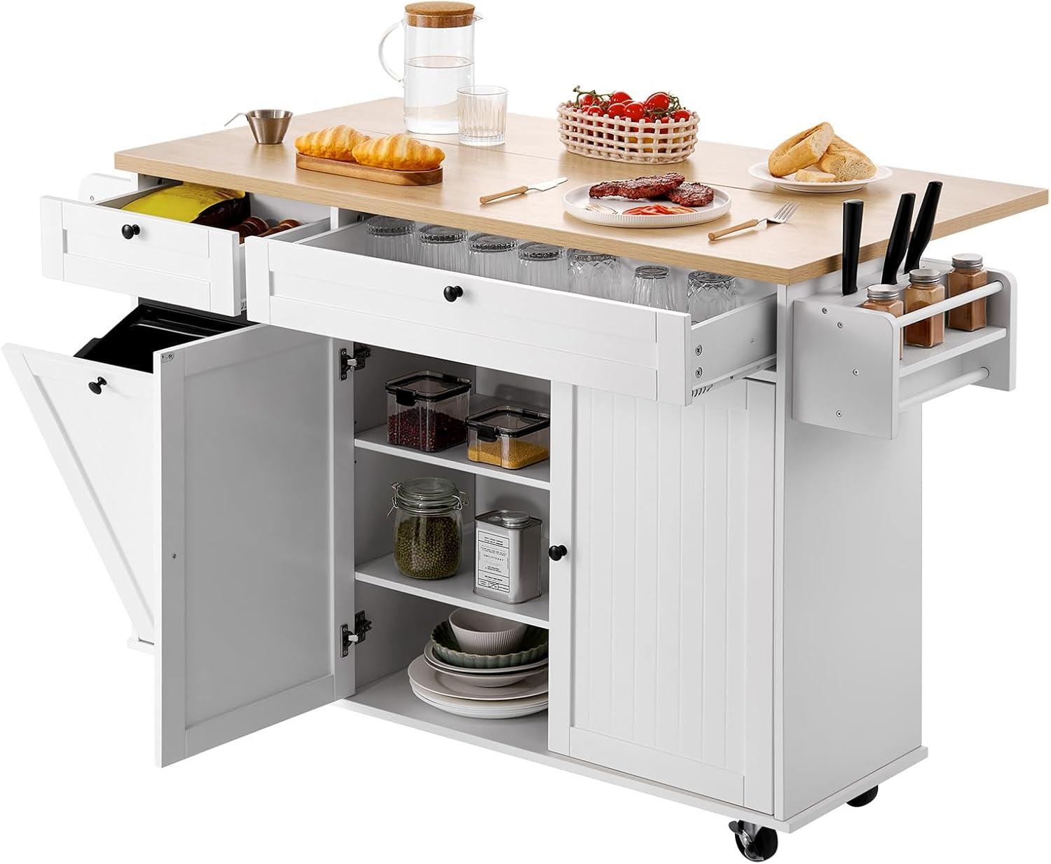 image:imageVEVOR Kitchen Island Cart 453x39 inch Rolling Kitchen Table Mobile Carts with Storage Cabinet and Solid Wood Top Portable Islands with Wheels Spice Rack Towel Rack Drop Leaf and Drawer White6024D x 2756W x 3543H