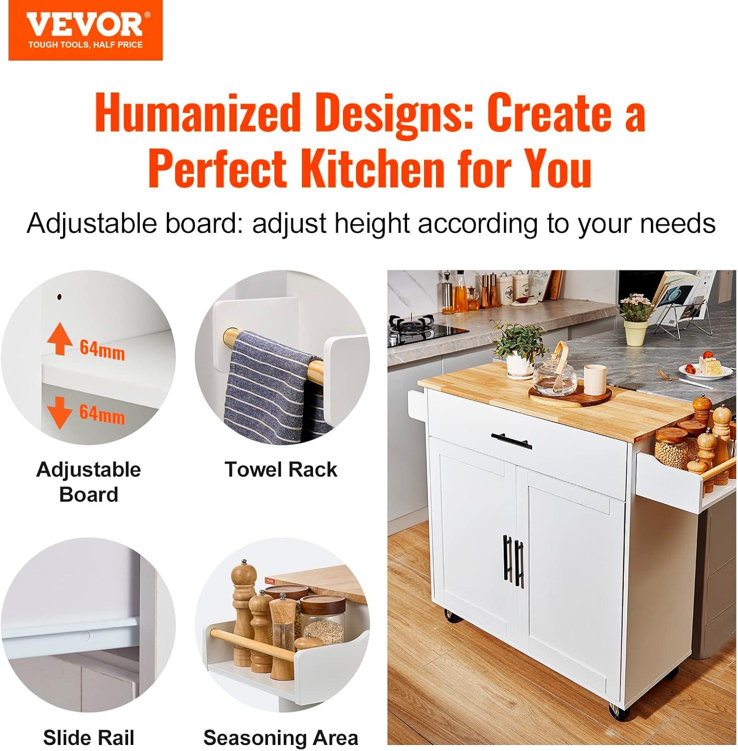 image:imageVEVOR Kitchen Island Cart 453x39 inch Rolling Kitchen Table Mobile Carts with Storage Cabinet and Solid Wood Top Portable Islands with Wheels Spice Rack Towel Rack Drop Leaf and Drawer White354 W Drop Leaf