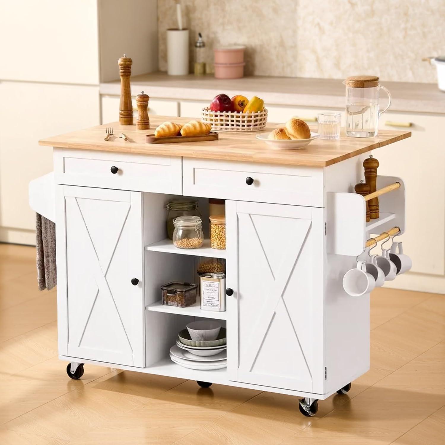 image:imageVEVOR Kitchen Island Cart 453x39 inch Rolling Kitchen Table Mobile Carts with Storage Cabinet and Solid Wood Top Portable Islands with Wheels Spice Rack Towel Rack Drop Leaf and Drawer White5197D x 2945W x 3528H