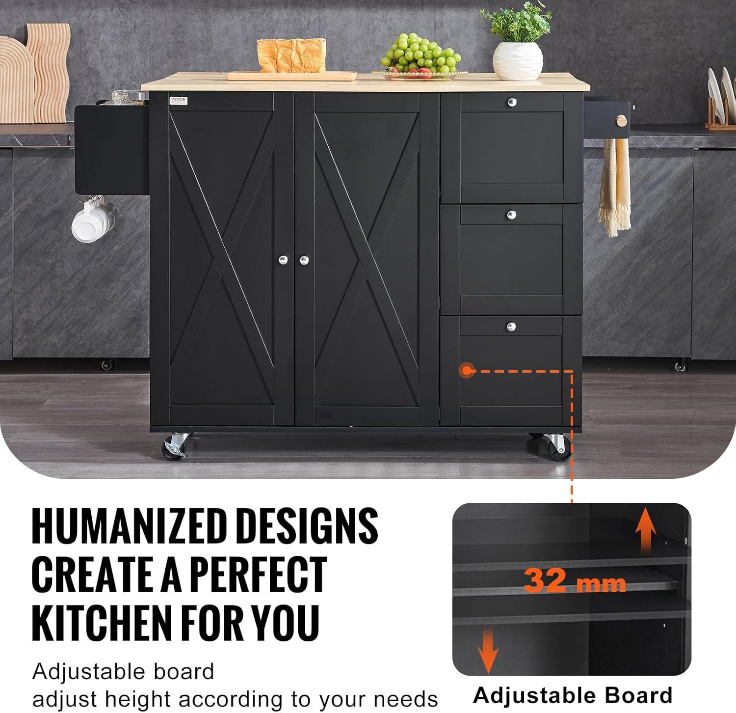 image:imageVEVOR Kitchen Island Cart 453x39 inch Rolling Kitchen Table Mobile Carts with Storage Cabinet and Solid Wood Top Portable Islands with Wheels Spice Rack Towel Rack Drop Leaf and Drawer White453 W Drop Leaf Black