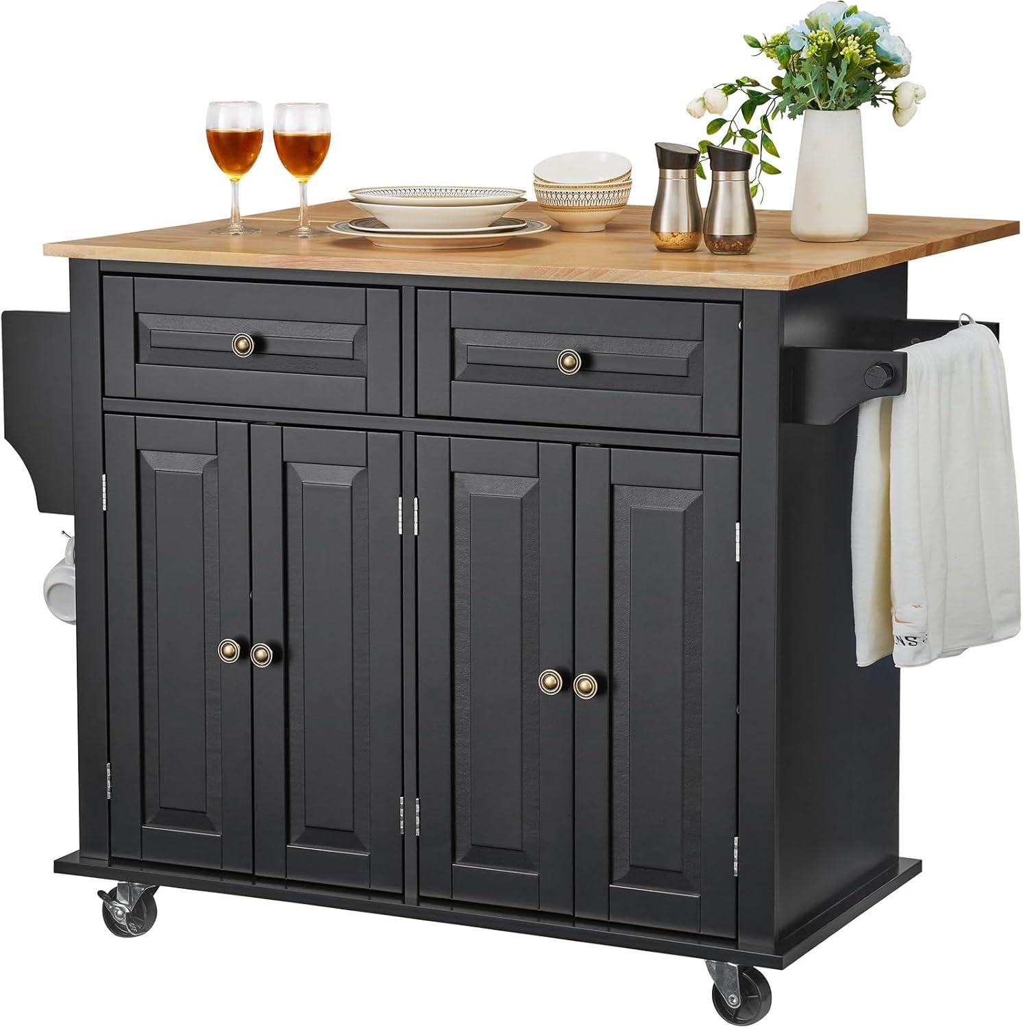 image:imageVEVOR Kitchen Island Cart 453x39 inch Rolling Kitchen Table Mobile Carts with Storage Cabinet and Solid Wood Top Portable Islands with Wheels Spice Rack Towel Rack Drop Leaf and Drawer White354 W Drop Leaf