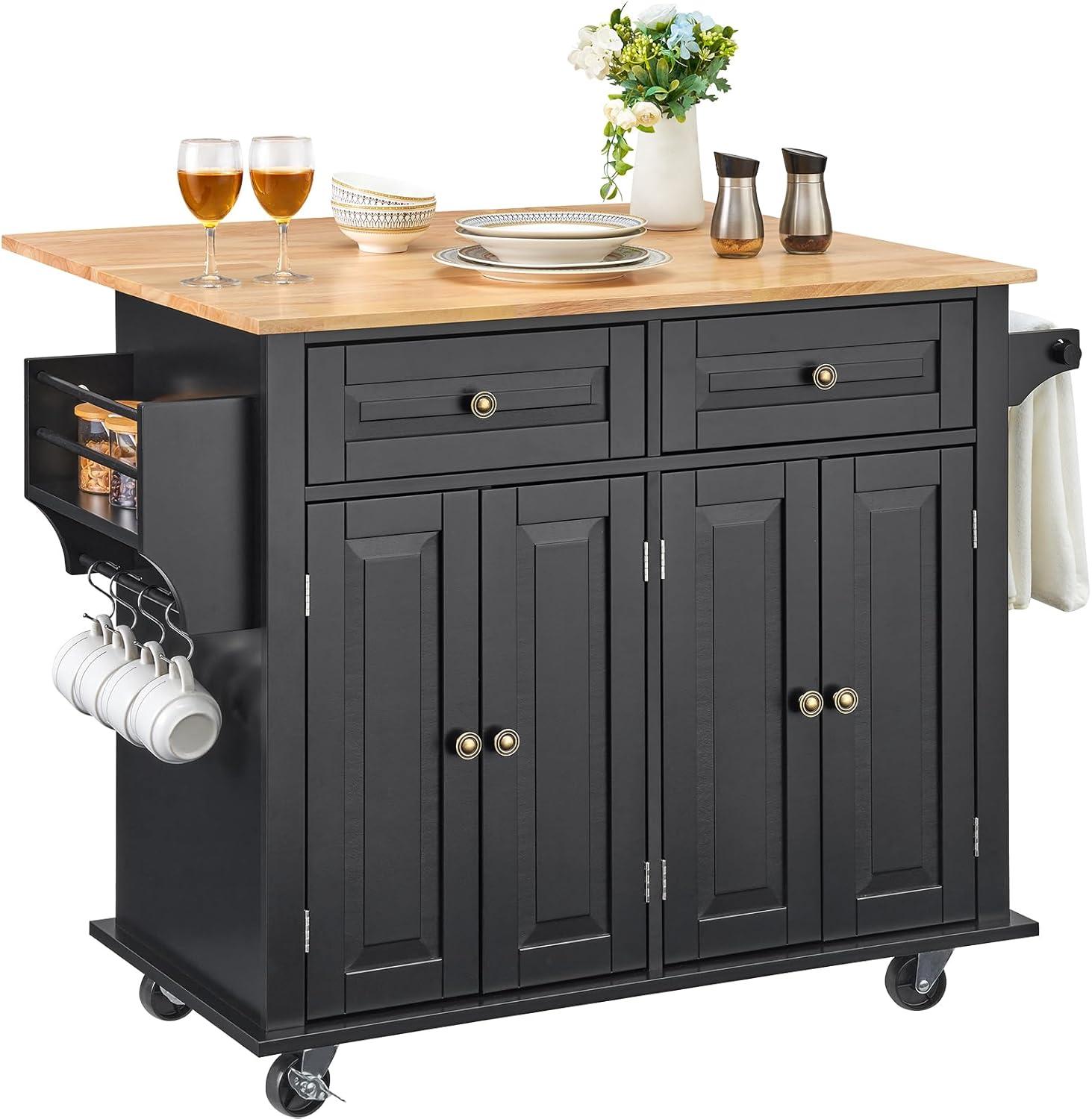 image:imageVEVOR Kitchen Island Cart 453x39 inch Rolling Kitchen Table Mobile Carts with Storage Cabinet and Solid Wood Top Portable Islands with Wheels Spice Rack Towel Rack Drop Leaf and Drawer White354 W Drop Leaf
