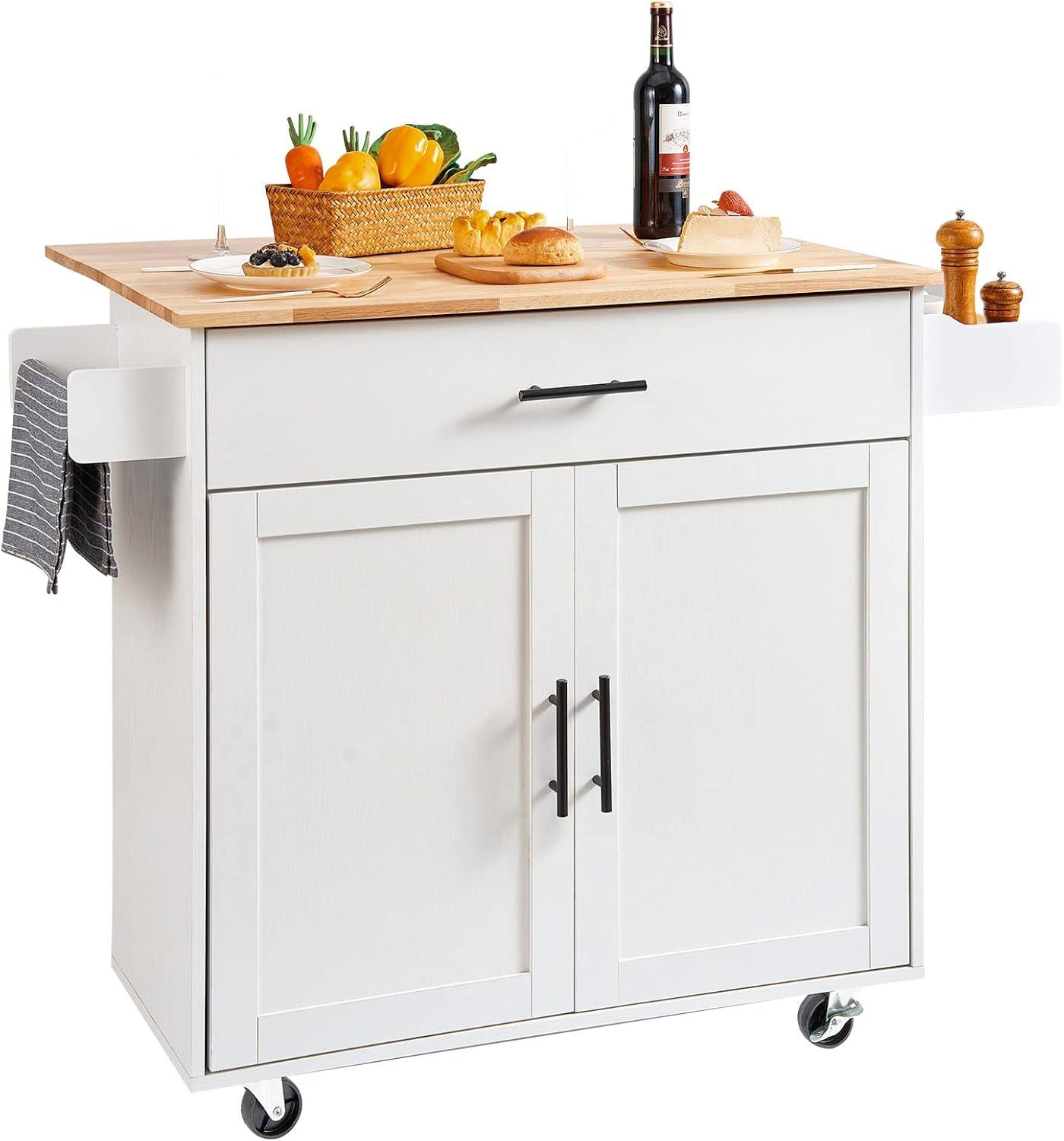 image:imageVEVOR Kitchen Island Cart 453x39 inch Rolling Kitchen Table Mobile Carts with Storage Cabinet and Solid Wood Top Portable Islands with Wheels Spice Rack Towel Rack Drop Leaf and Drawer White354 W Drop Leaf