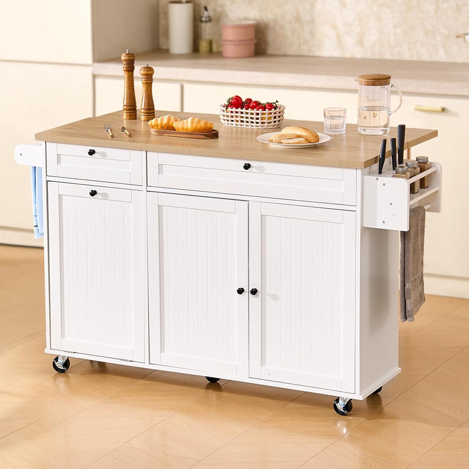 image:imageVEVOR Kitchen Island Cart 453x39 inch Rolling Kitchen Table Mobile Carts with Storage Cabinet and Solid Wood Top Portable Islands with Wheels Spice Rack Towel Rack Drop Leaf and Drawer White6024D x 2756W x 3543H