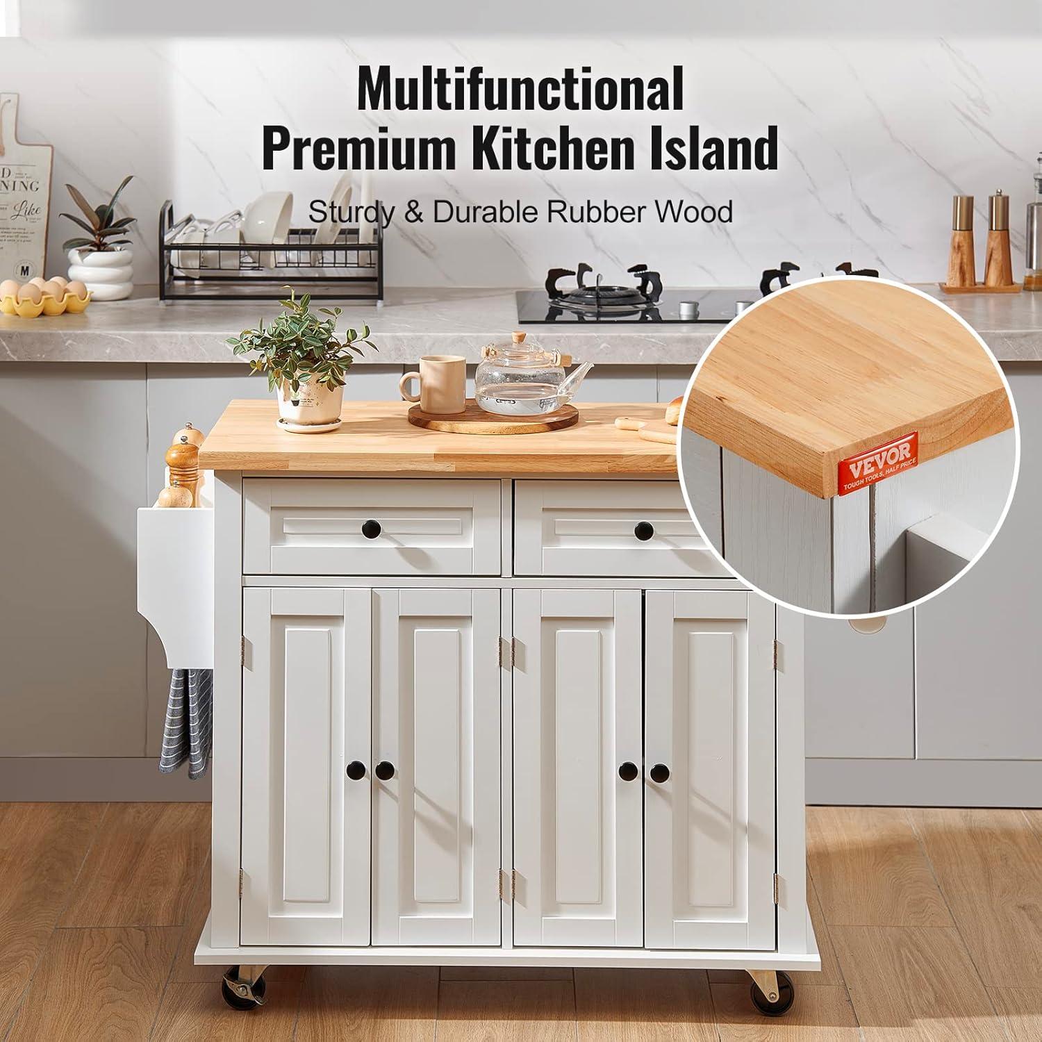 image:imageVEVOR Kitchen Island Cart 453x39 inch Rolling Kitchen Table Mobile Carts with Storage Cabinet and Solid Wood Top Portable Islands with Wheels Spice Rack Towel Rack Drop Leaf and Drawer White354 W