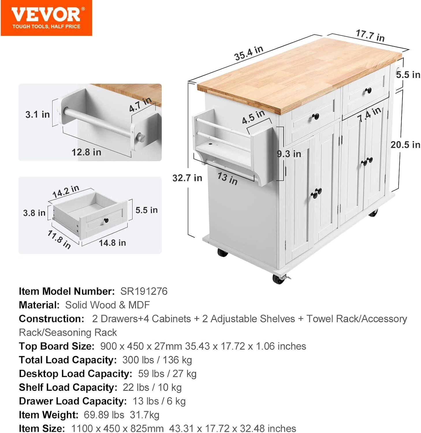 image:imageVEVOR Kitchen Island Cart 453x39 inch Rolling Kitchen Table Mobile Carts with Storage Cabinet and Solid Wood Top Portable Islands with Wheels Spice Rack Towel Rack Drop Leaf and Drawer White354 W