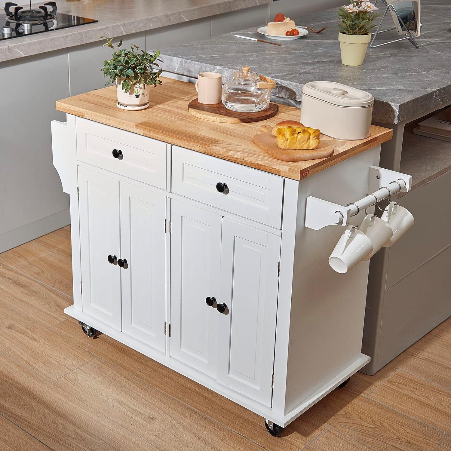 image:imageVEVOR Kitchen Island Cart 453x39 inch Rolling Kitchen Table Mobile Carts with Storage Cabinet and Solid Wood Top Portable Islands with Wheels Spice Rack Towel Rack Drop Leaf and Drawer White354 W
