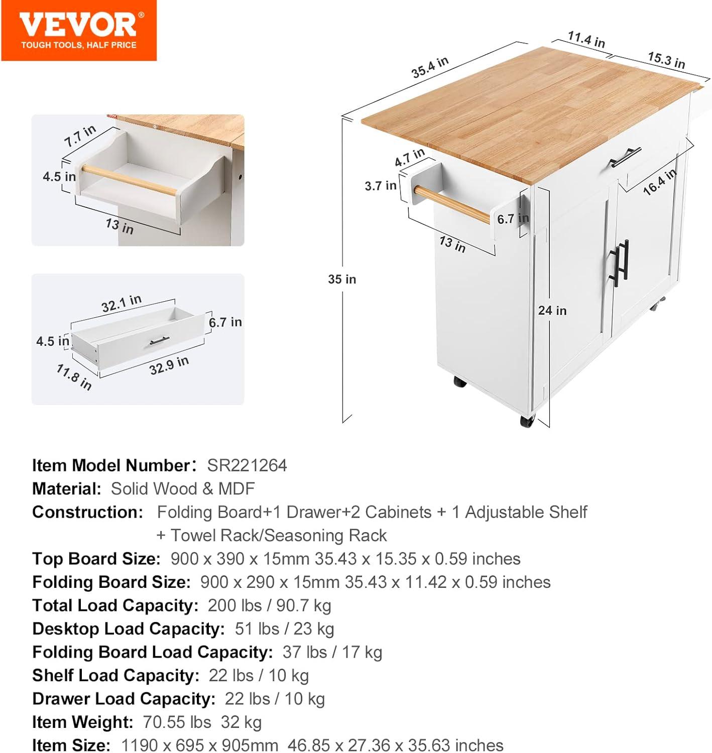 image:imageVEVOR Kitchen Island Cart 453x39 inch Rolling Kitchen Table Mobile Carts with Storage Cabinet and Solid Wood Top Portable Islands with Wheels Spice Rack Towel Rack Drop Leaf and Drawer White354 W Drop Leaf